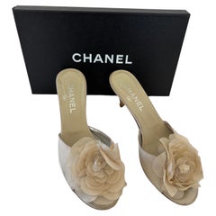 Vintage Chanel Tan Camellia Embellished Peep Toe Mules EU38.5
