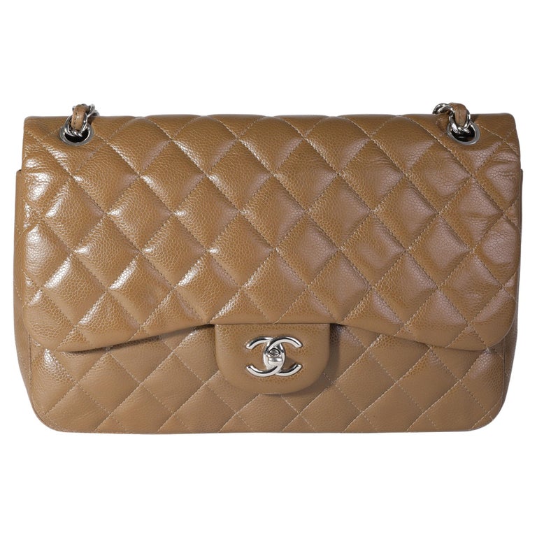 Chanel Tan Caviar Quilted Jumbo Classic Double Flap Bag For Sale