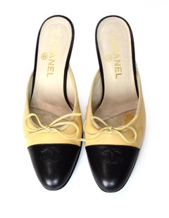 Chanel Tan Leather Black Cap Toe Embroidered CC Kitten Heel Mules Sz 37