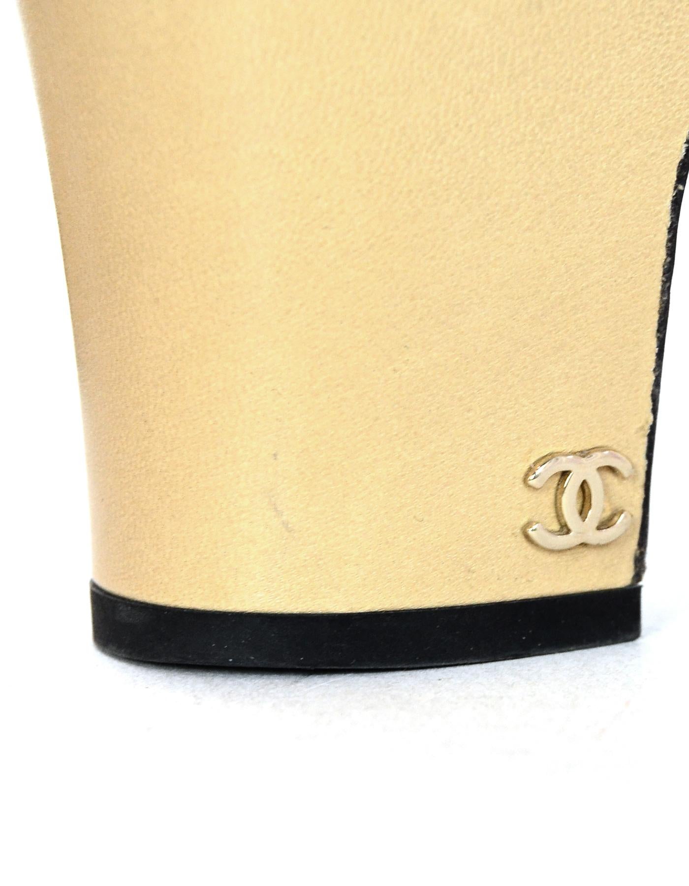Beige Chanel Tan Leather Black Grosgrain Cap Toe Slingback Heels Sz 40.5