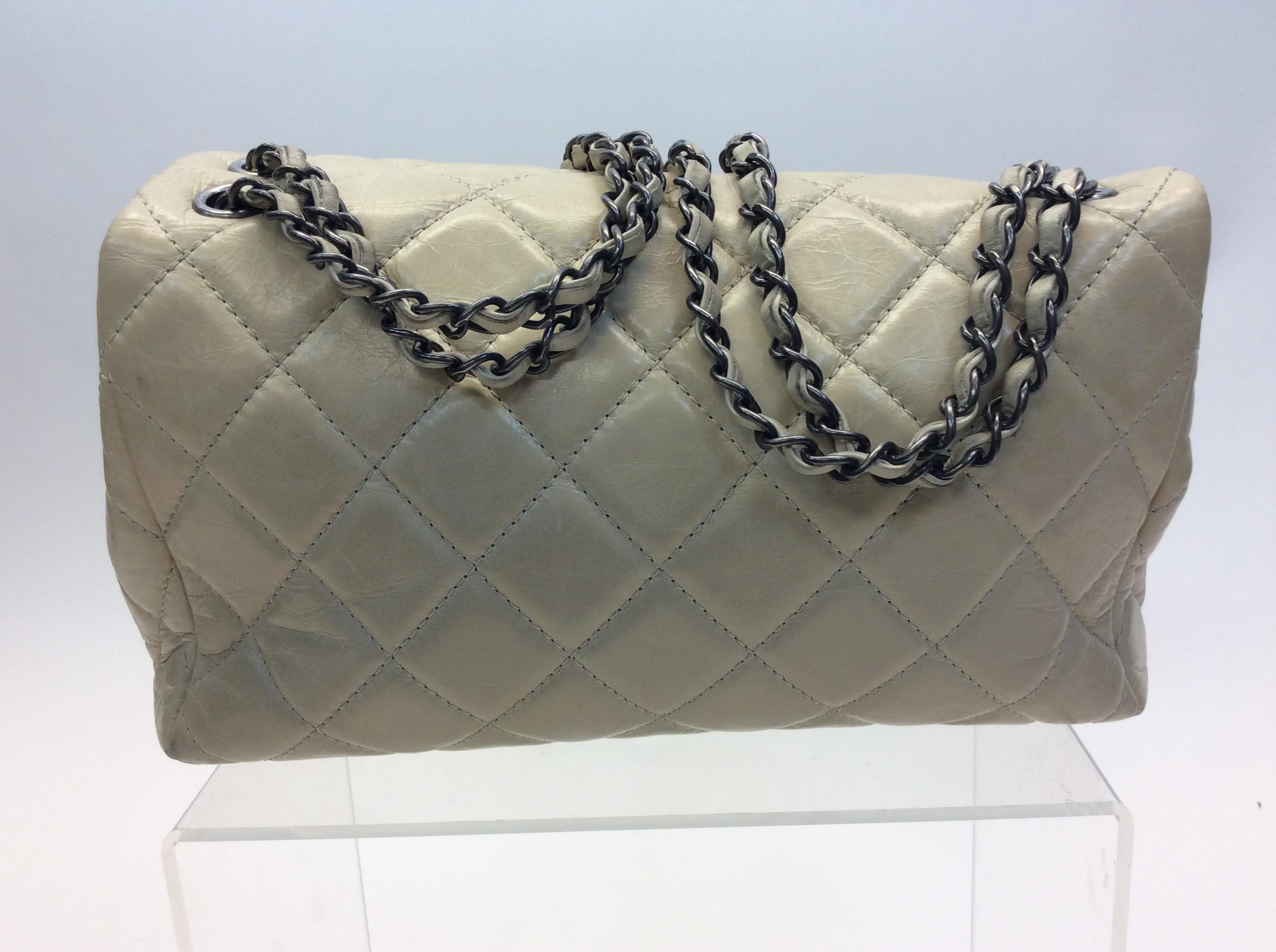 Gray Chanel Tan Leather Flap with Gunmetal Hardware For Sale