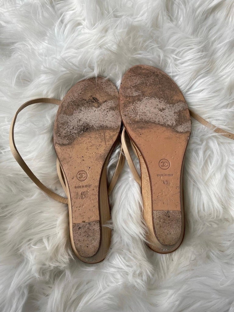 Chanel Tan Leather Strappy Wedge Sandals Heel Flip Flop Open Toe