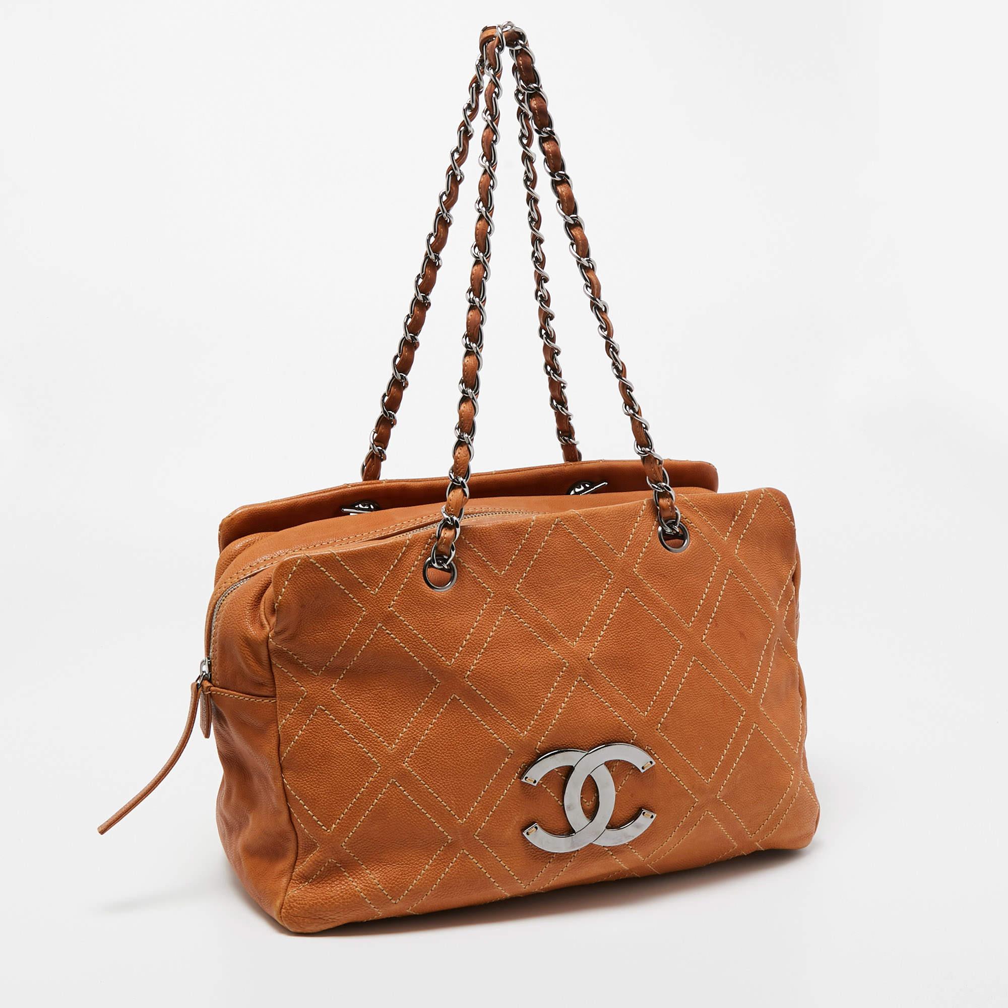 Women's Chanel Tan Leather Triple Compartment Chain Shoulder Bag