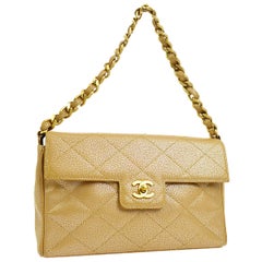 Chanel Tan Nude Caviar Leather Gold Iridescent Evening Shoulder Flap Bag in Box