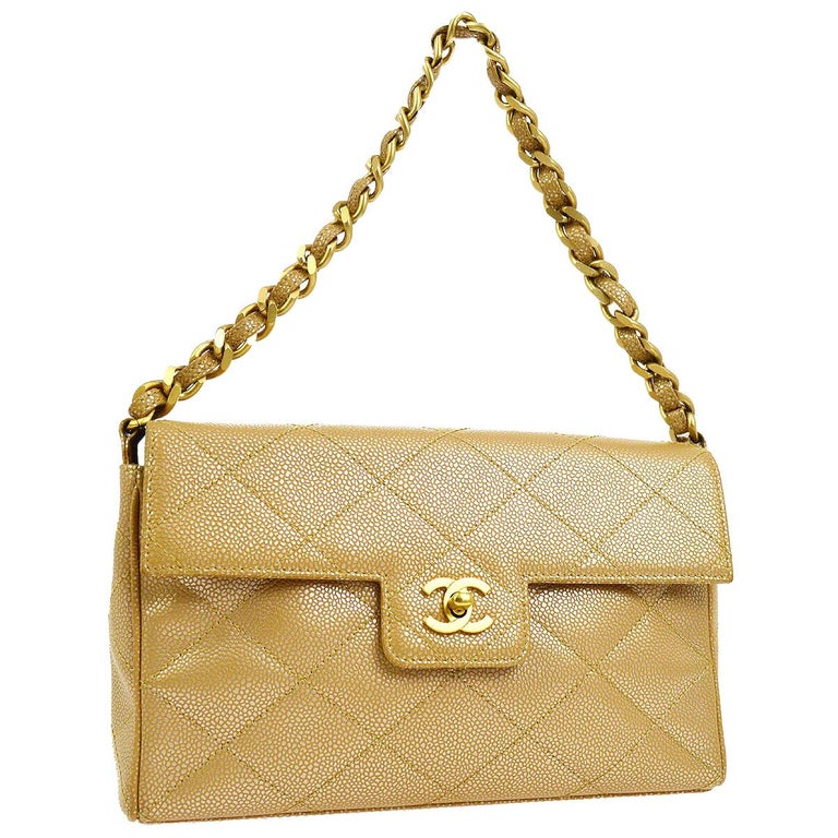 Chanel Tan Nude Caviar Leather Gold Iridescent Evening Shoulder Flap ...