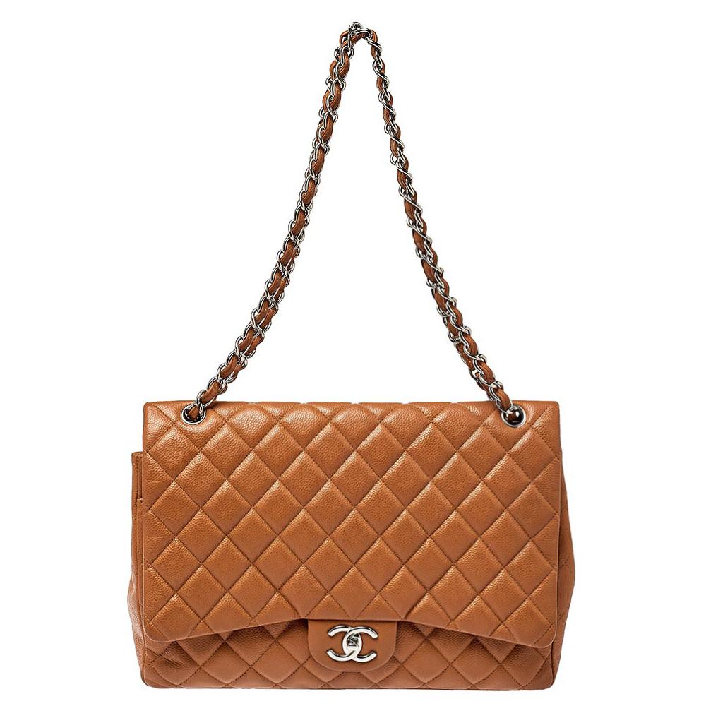 Chanel Beige Quilted Patent Leather Maxi Classic Double Flap Bag