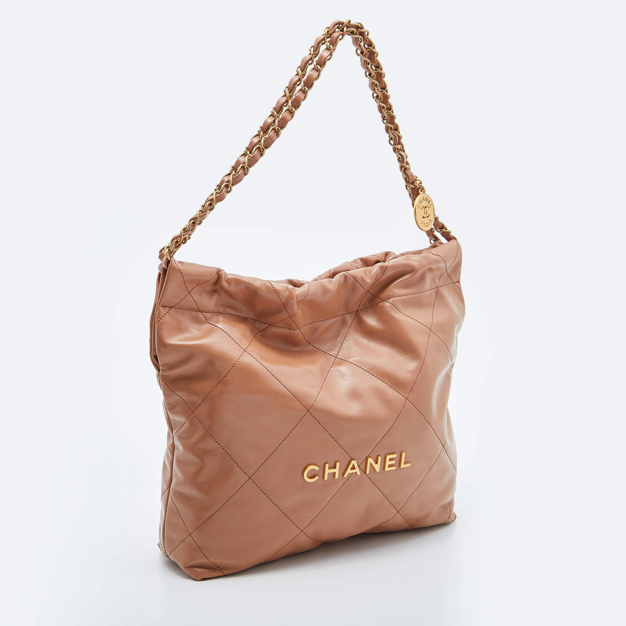 Brown Chanel Tan Quilted Glossy Leather Drawstring 22 Bag