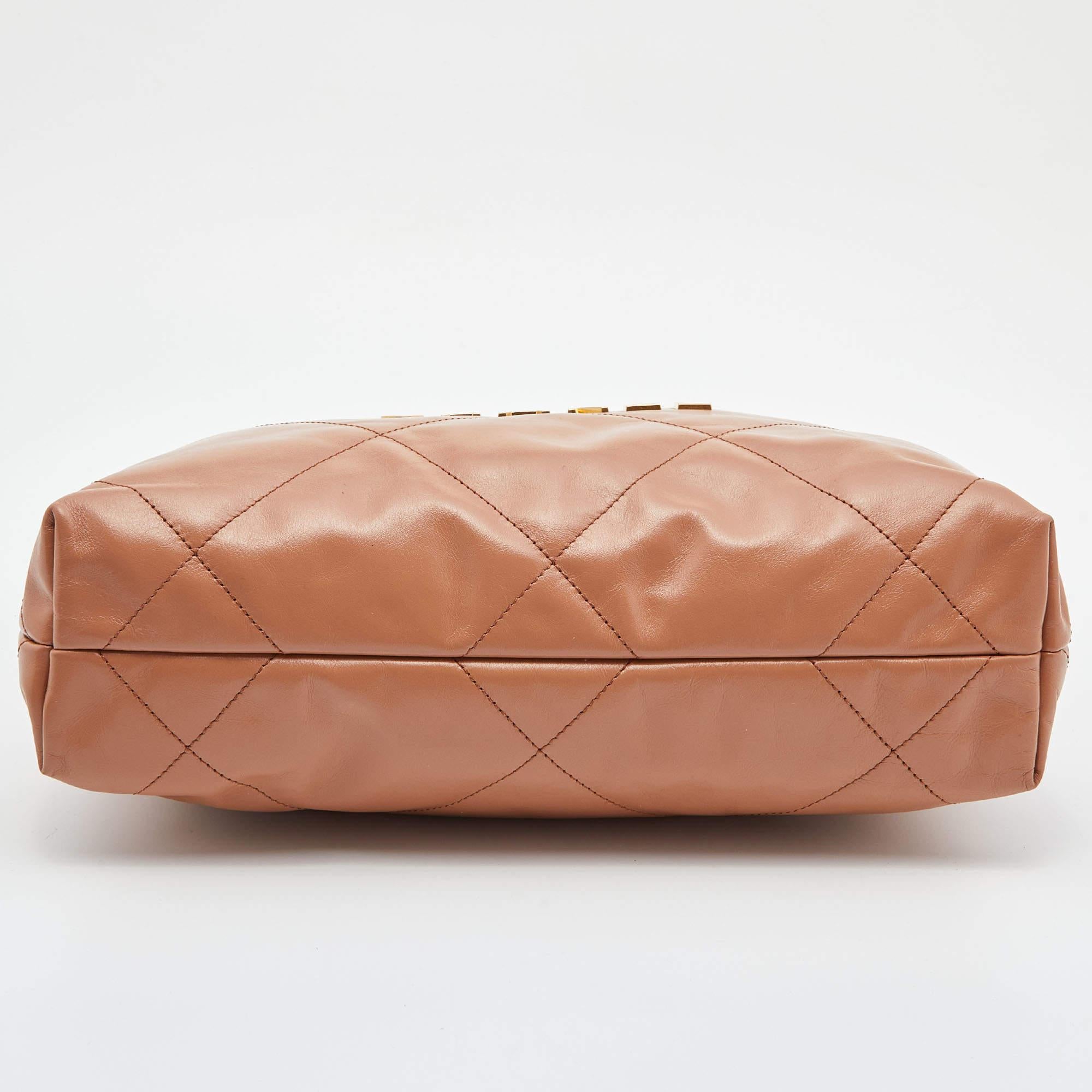 Chanel Tan Quilted Glossy Leather Drawstring 22 Bag In New Condition In Dubai, Al Qouz 2