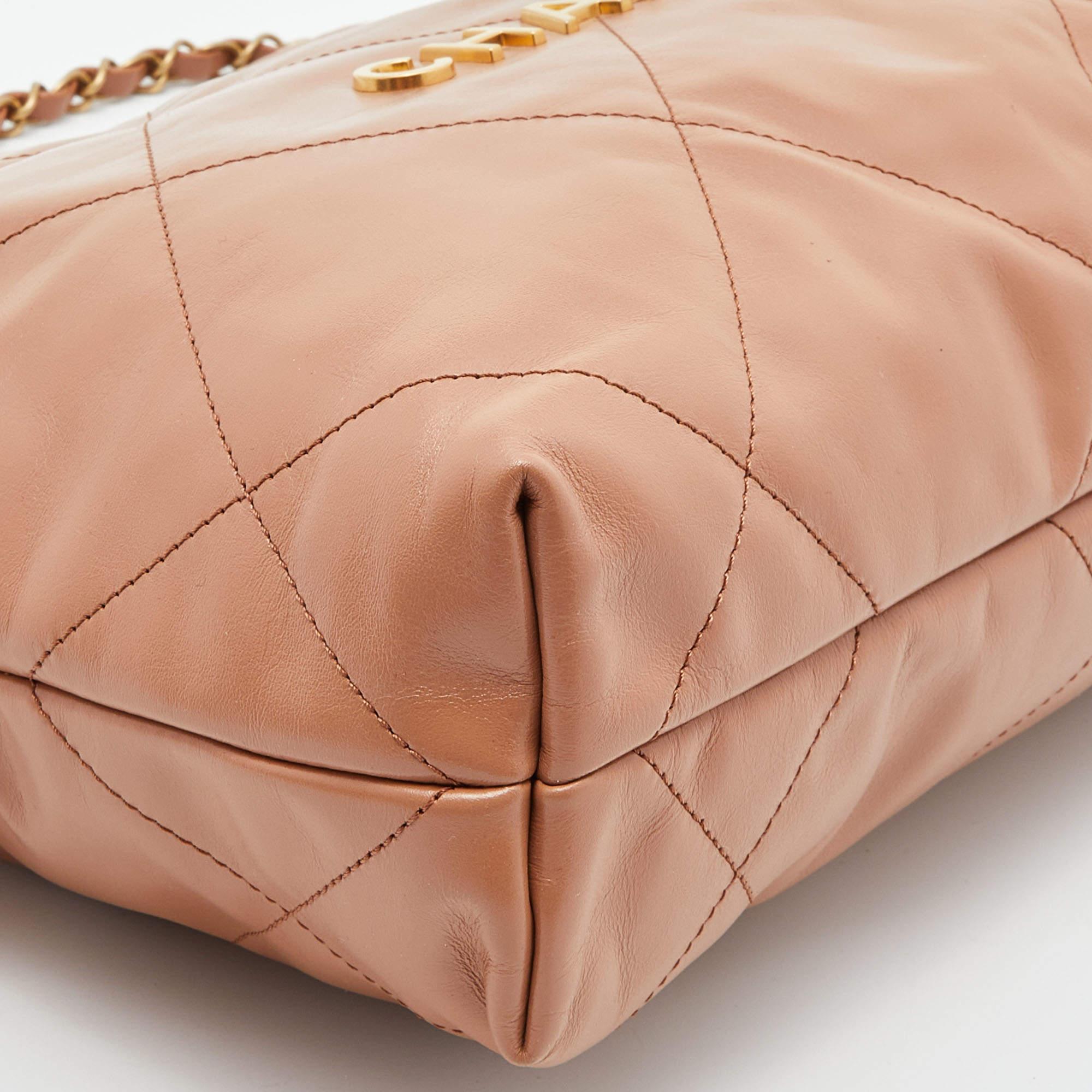 Chanel Tan Quilted Glossy Leather Drawstring 22 Bag 3