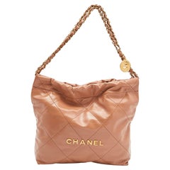Chanel Tan Quilted Glossy Leather Drawstring 22 Bag