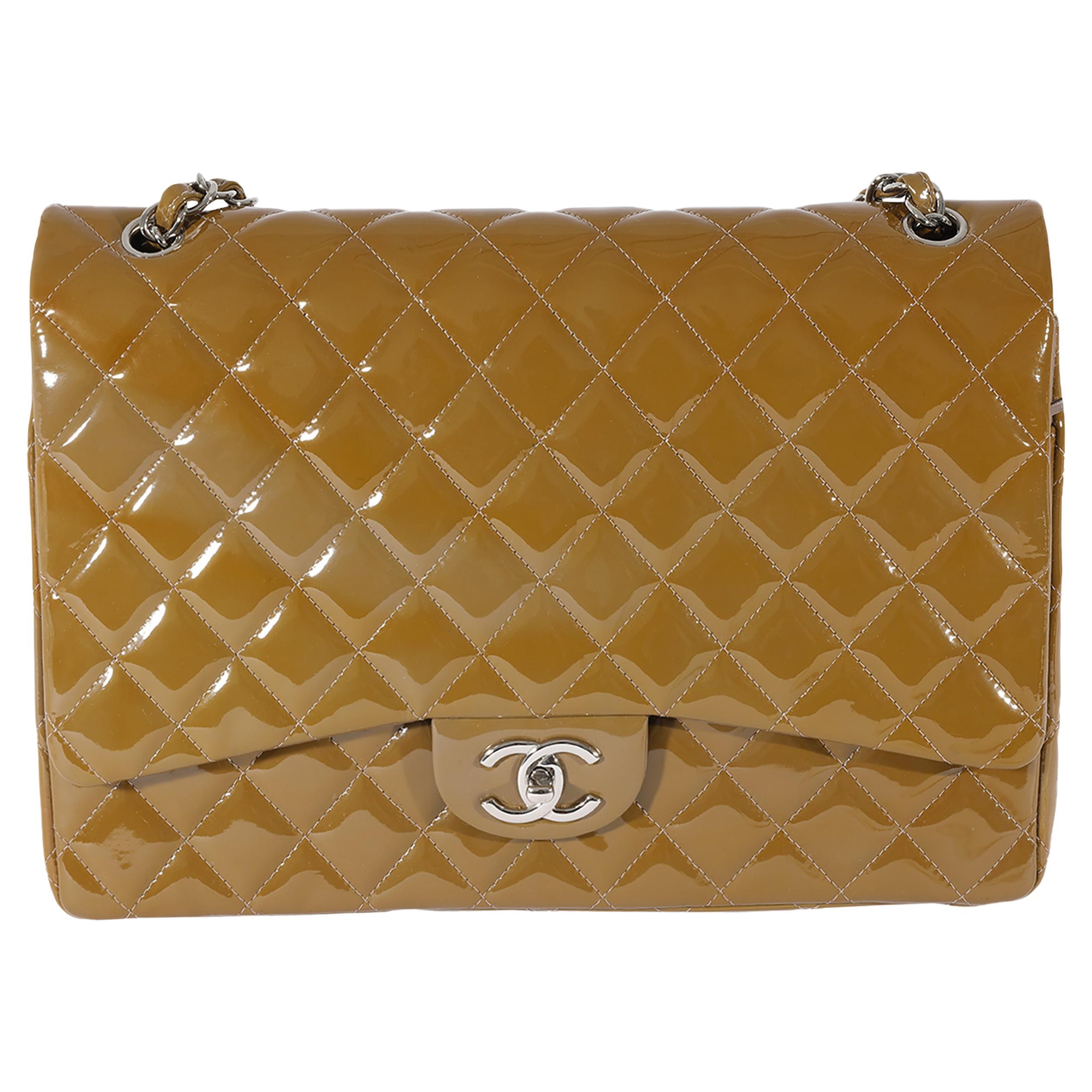 Chanel Tan Quilted Patent Leather Maxi Double Flap For Sale at