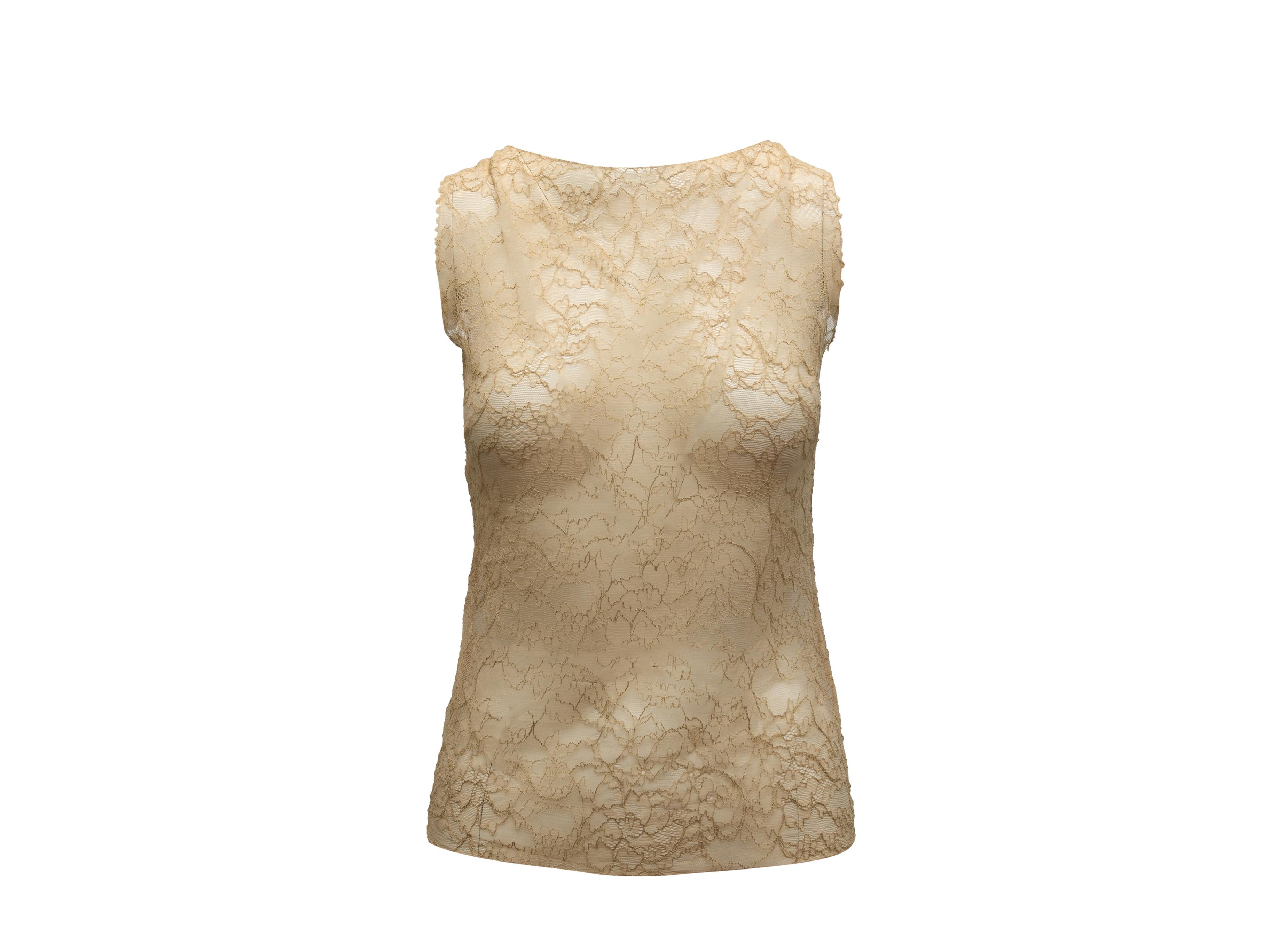 Product details: Tan sheer sleeveless lace top by Chanel. Circa 2005. Crew neck. Keyhold at back featuring button closures. Designer size 38. 30