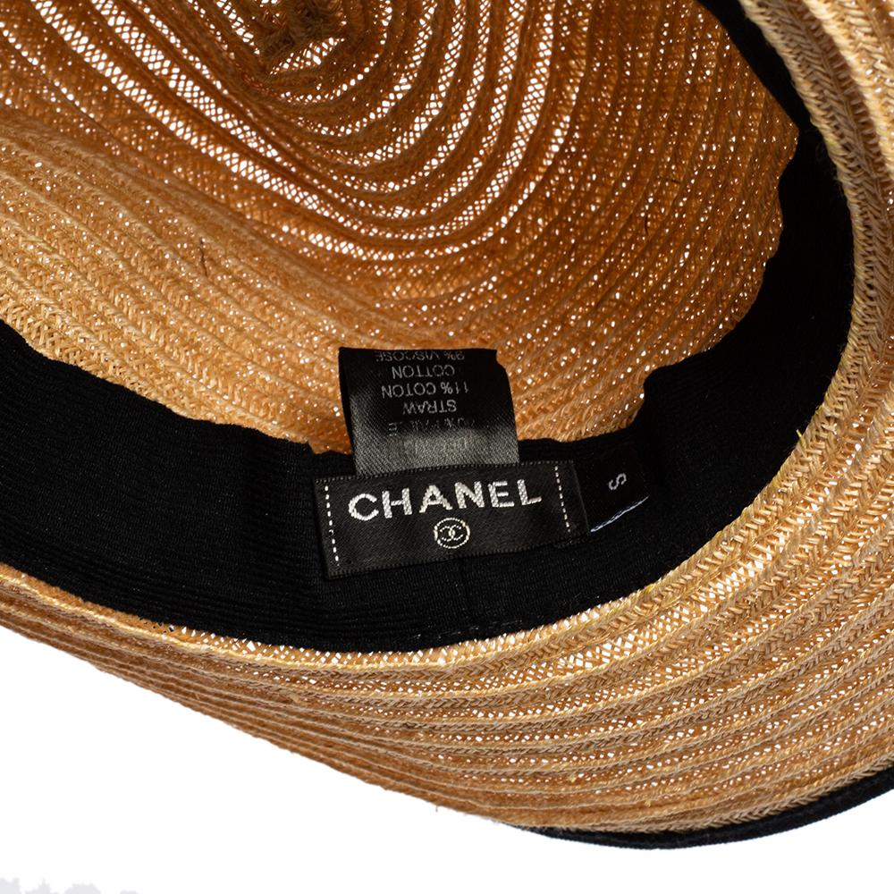 Orange Chanel Tan Straw CC Fedora Hat S