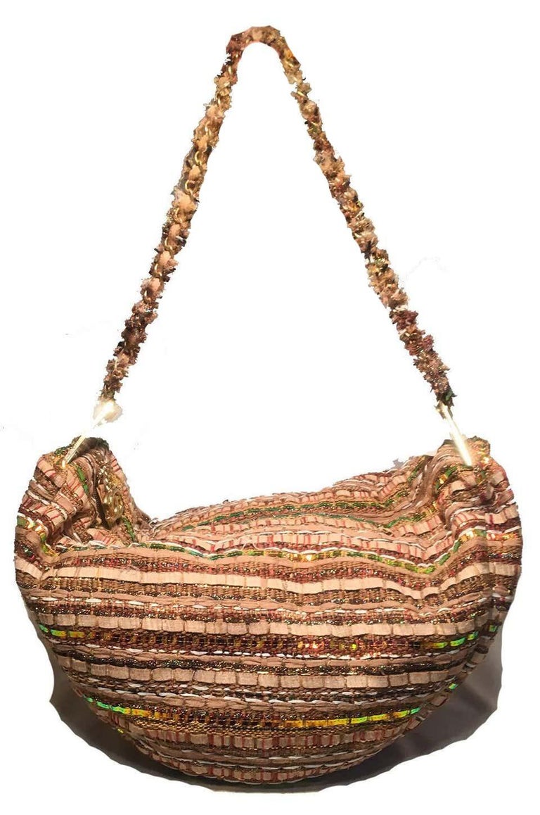 Chanel Tan Tweed and Sequin Woven Hammock Hobo Shoulder Bag at 1stDibs   coco old man in hammock, sequin purses early 2000s, sparkle chanel bag