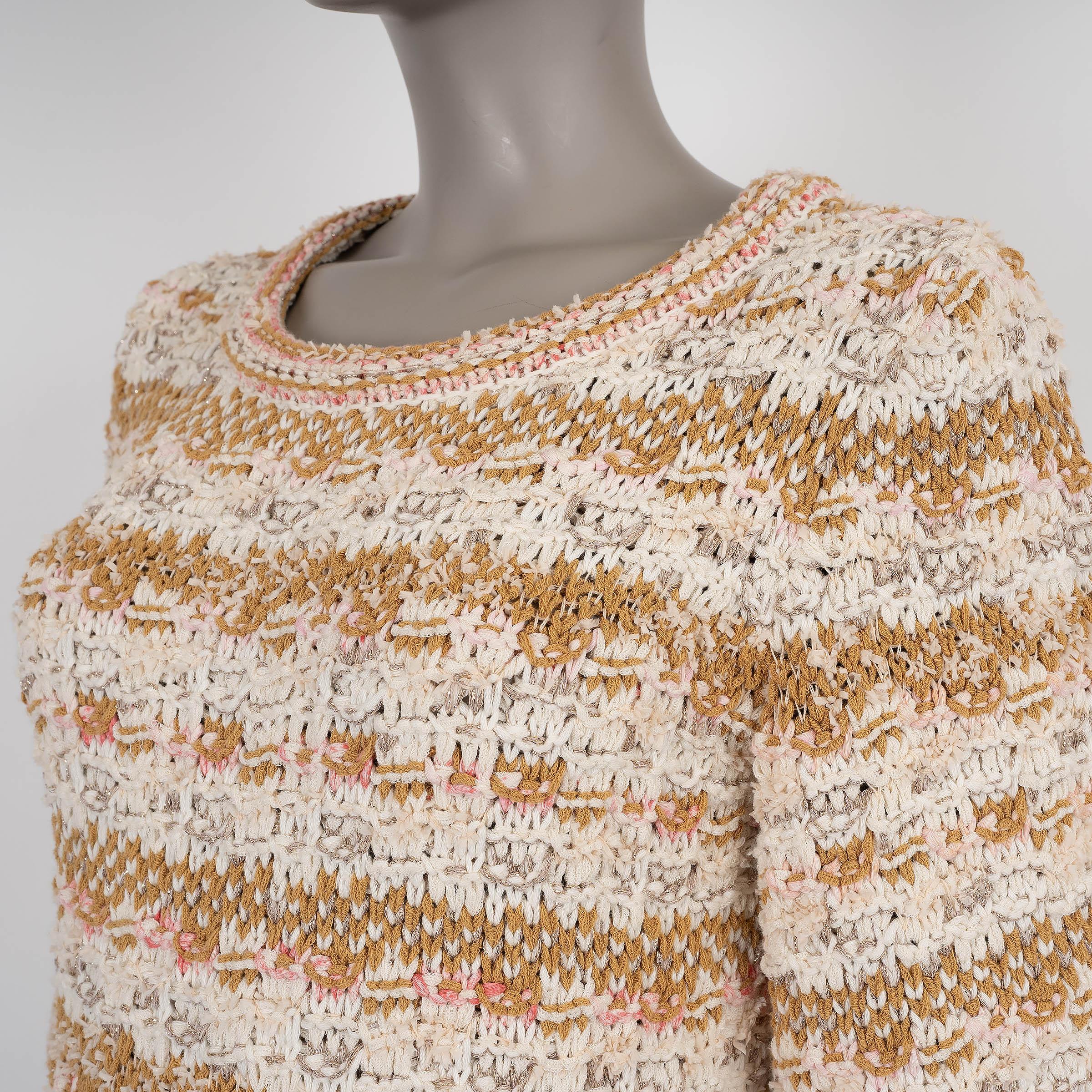 CHANEL tan blanc rose viscose cotto 15C DUBAI TWEED KNIT Robe 40 M en vente 1