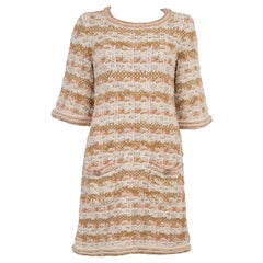 CHANEL tan white pink viscose cotto 15C DUBAI TWEED KNIT Dress 40 M