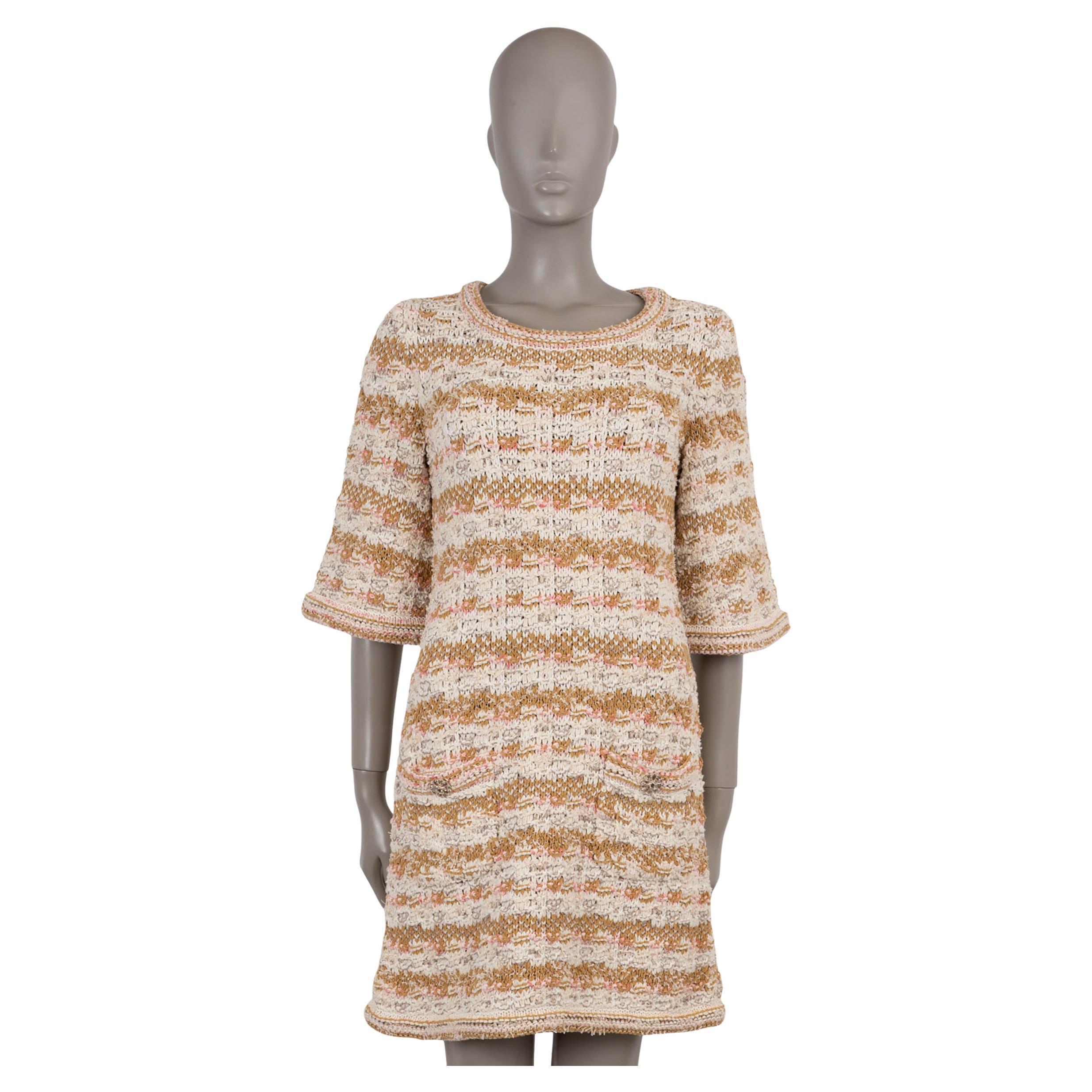 CHANEL tan blanc rose viscose cotto 15C DUBAI TWEED KNIT Robe 40 M
