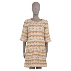 CHANEL tan blanc rose viscose cotto 15C DUBAI TWEED KNIT Robe 40 M