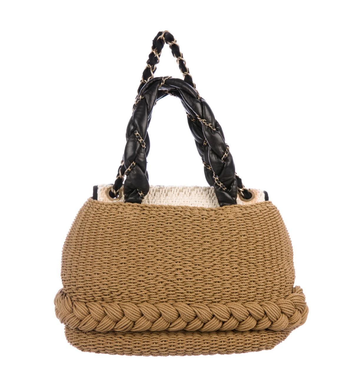 Brown Chanel Tan Woven Tweed Leather Chain Charm Beach Travel Shoulder Tote Bag