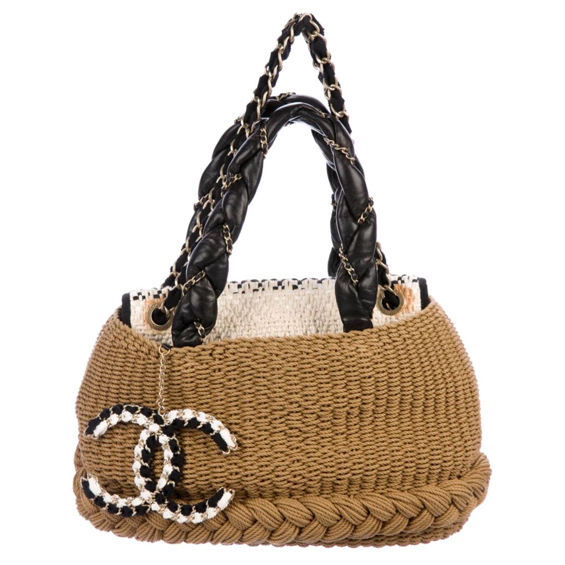 Chanel Tan Woven Tweed Leather Chain Charm Beach Travel Shoulder Tote Bag