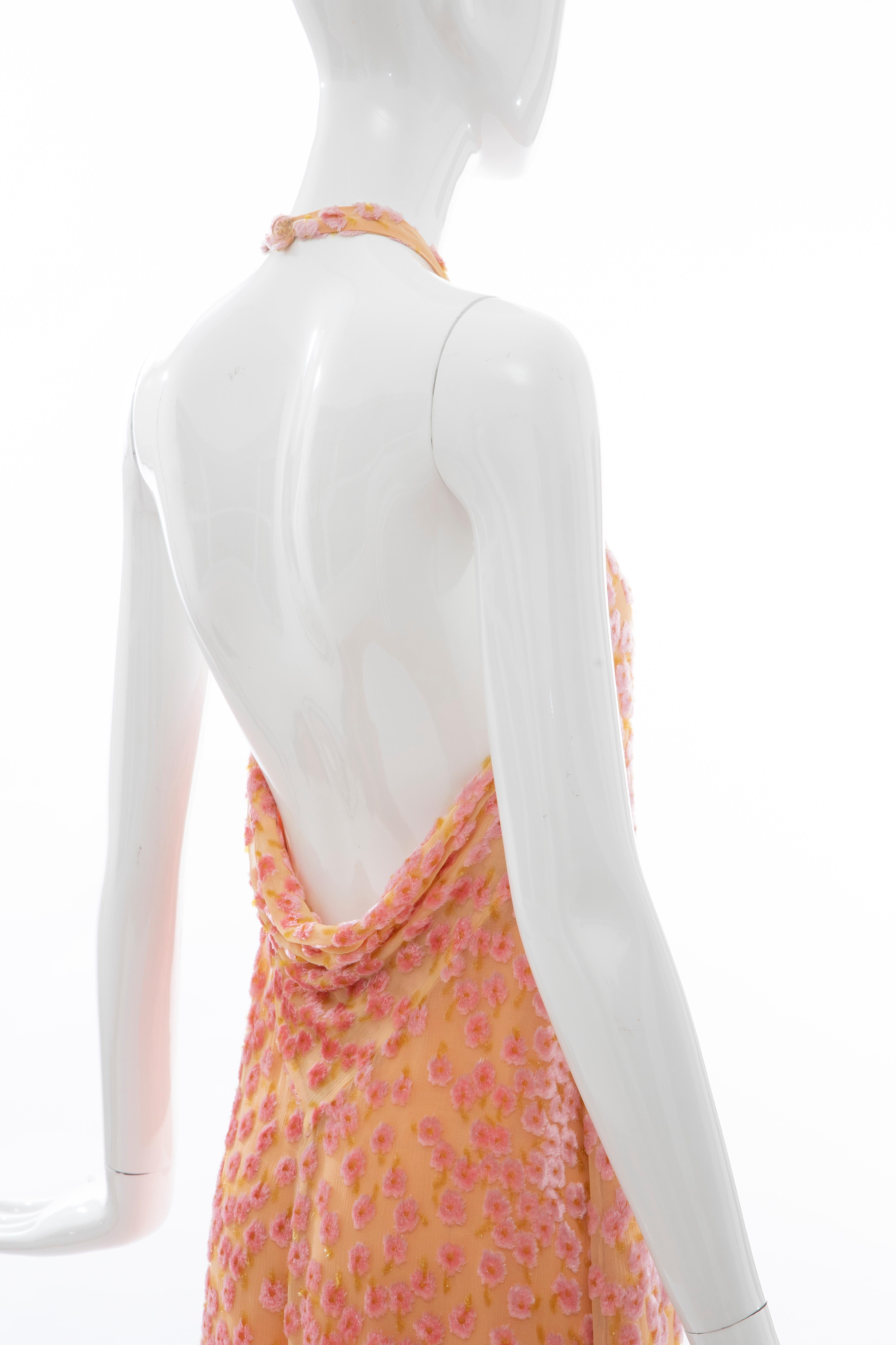 Chanel Tangerine & Pink Voided Silk Chiffon Velvet Halter Dress, Cruise 2001 For Sale 4