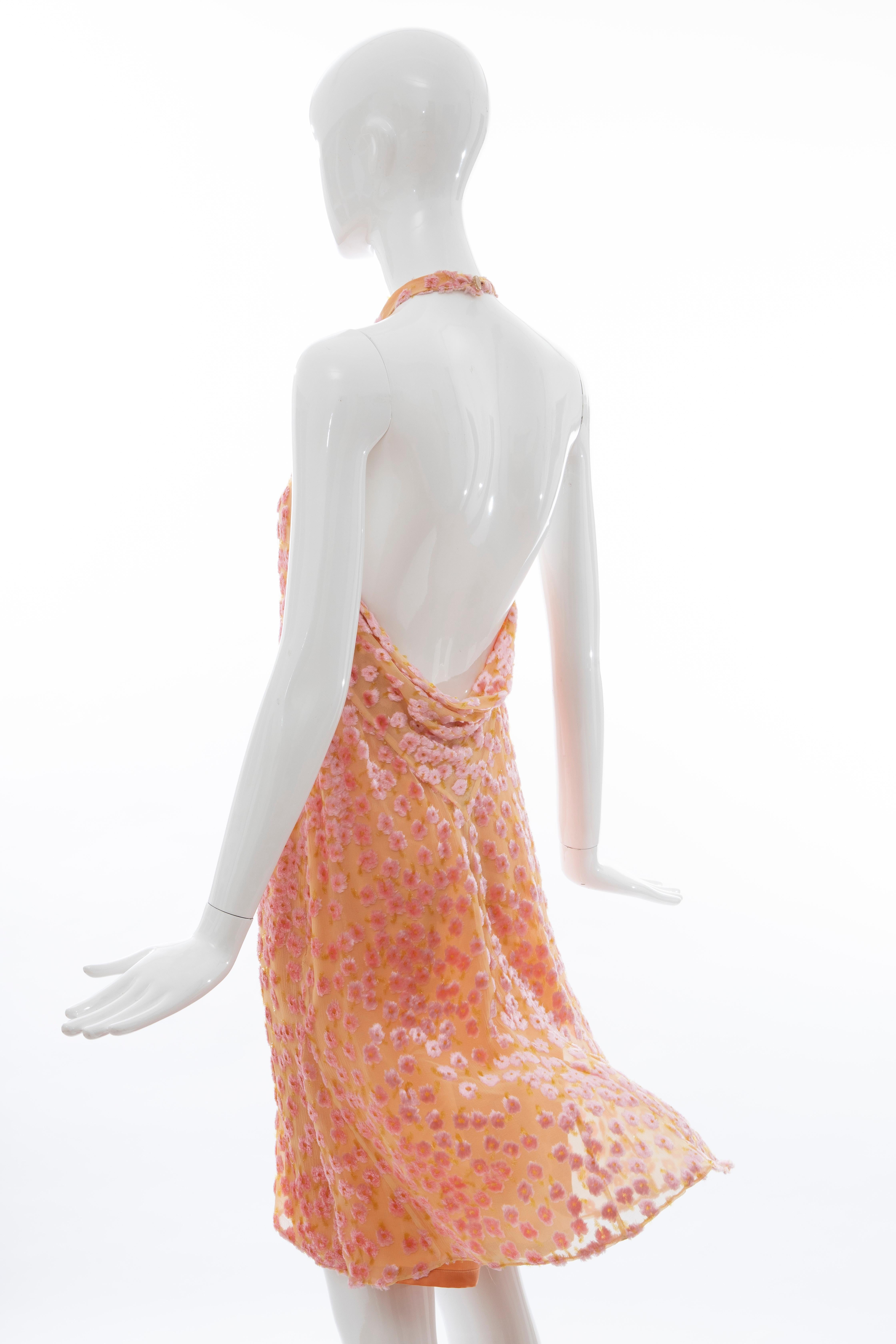 Chanel Tangerine & Pink Voided Silk Chiffon Velvet Halter Dress, Cruise 2001 For Sale 7