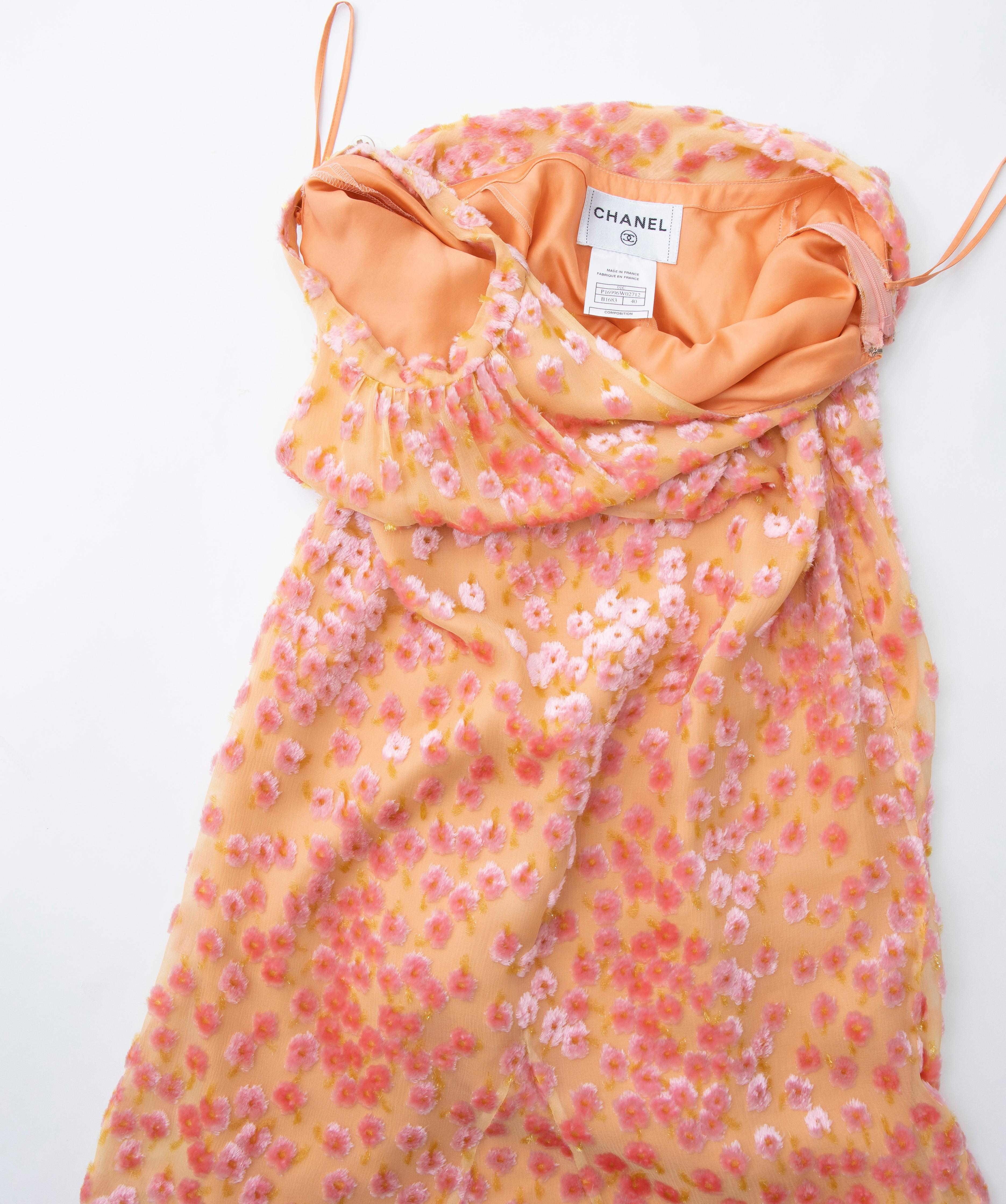 Chanel Tangerine & Pink Voided Silk Chiffon Velvet Halter Dress, Cruise 2001 For Sale 13