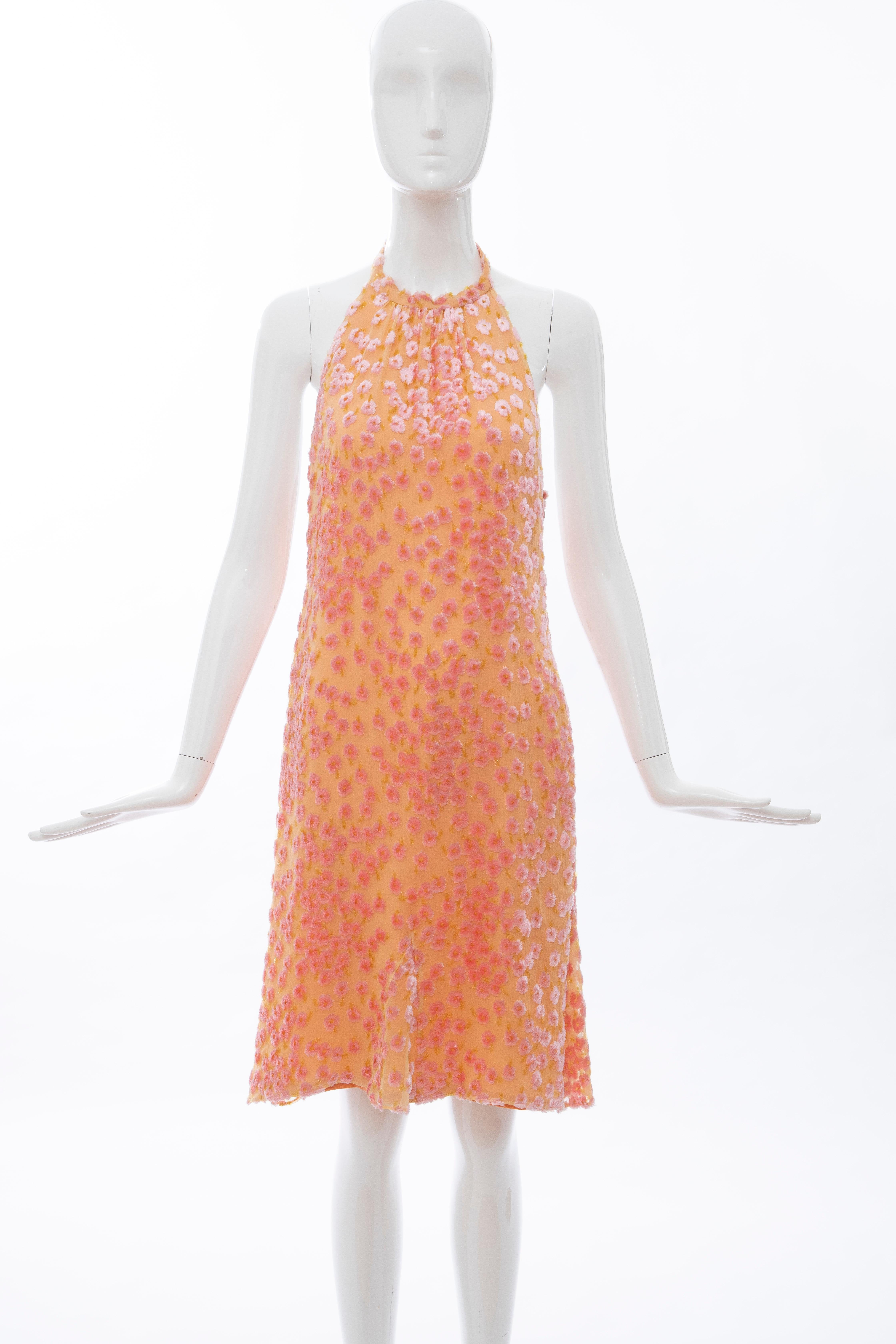 Orange Chanel Tangerine & Pink Voided Silk Chiffon Velvet Halter Dress, Cruise 2001 For Sale