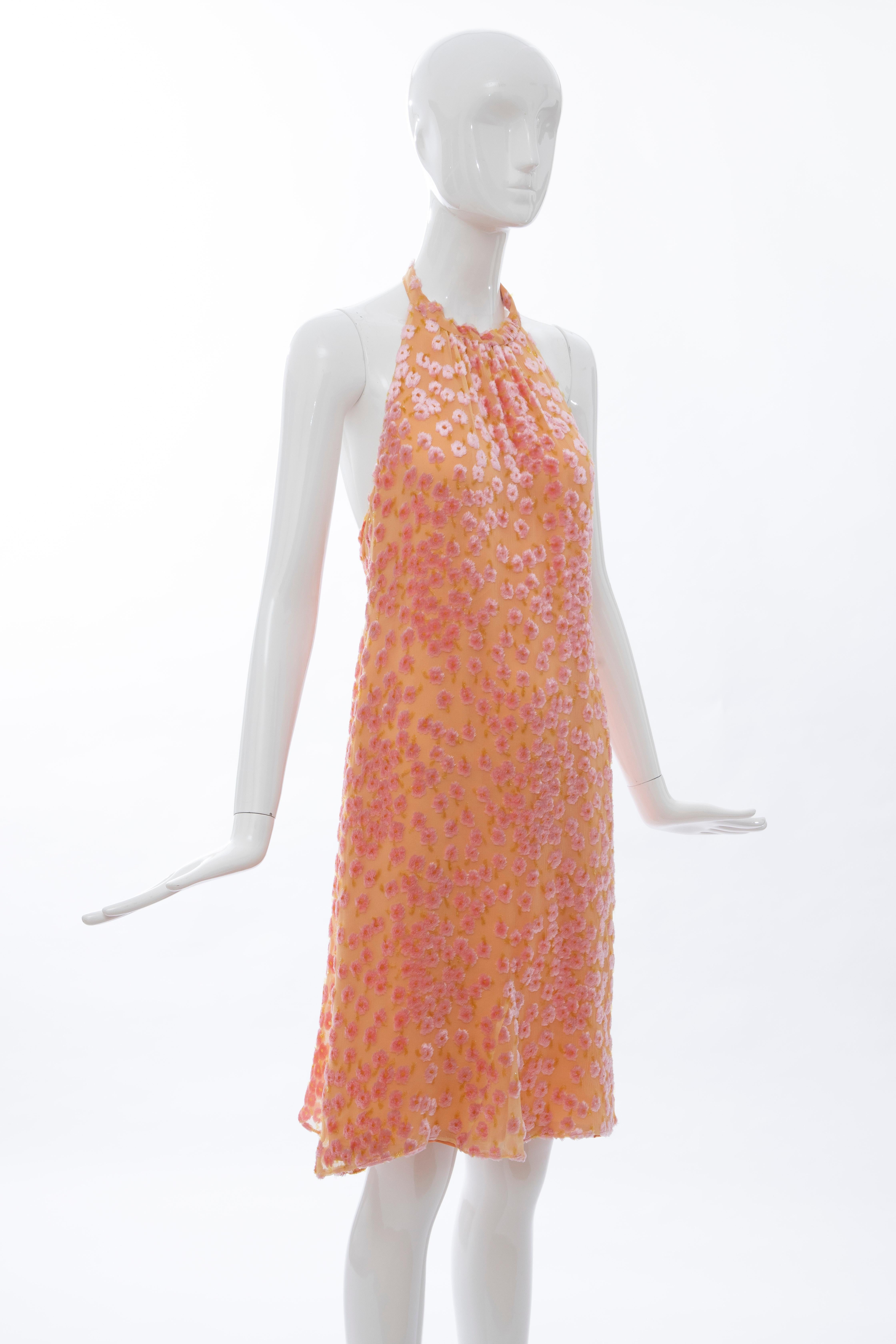 Women's Chanel Tangerine & Pink Voided Silk Chiffon Velvet Halter Dress, Cruise 2001 For Sale