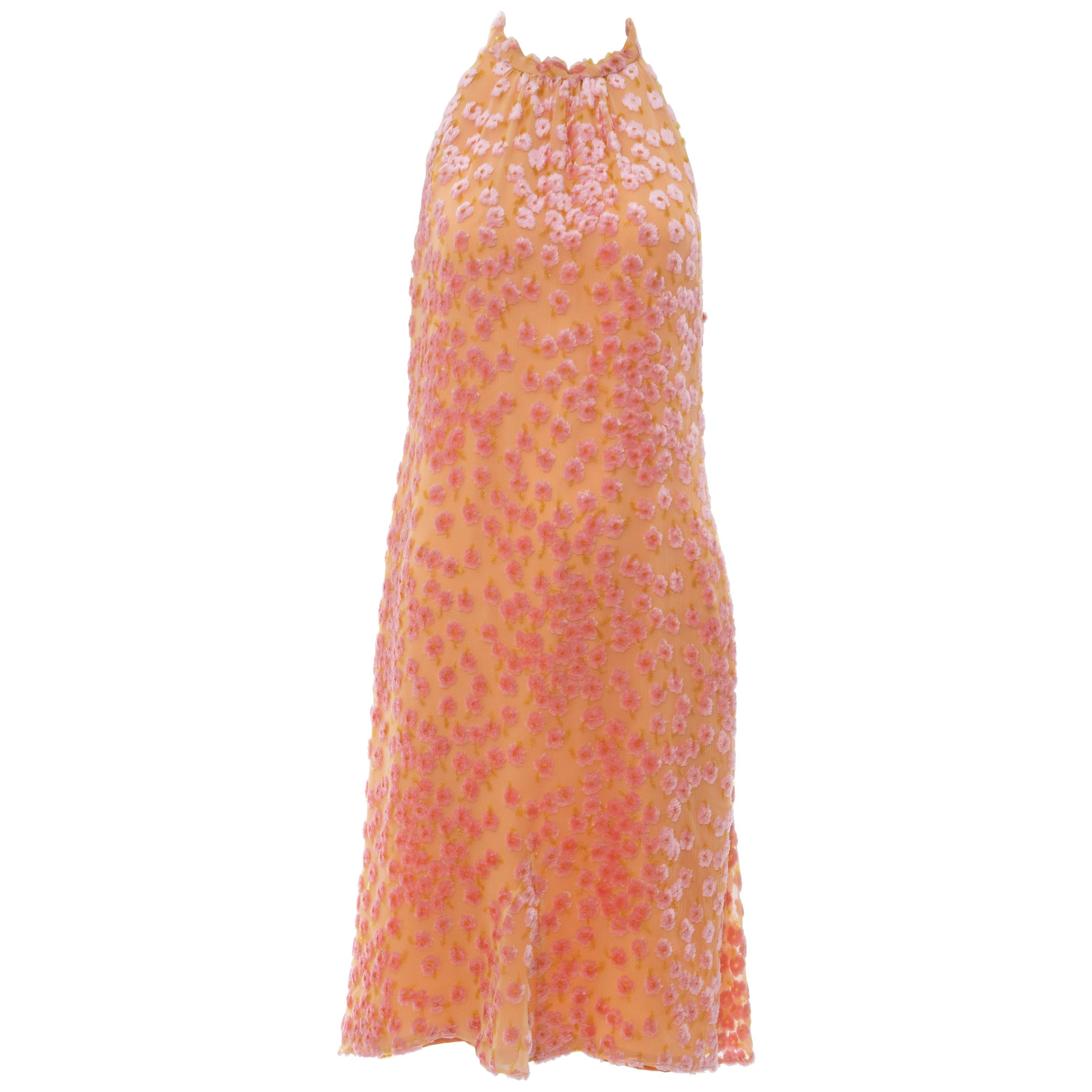 Chanel Tangerine & Pink Voided Silk Chiffon Velvet Halter Dress, Cruise 2001 For Sale