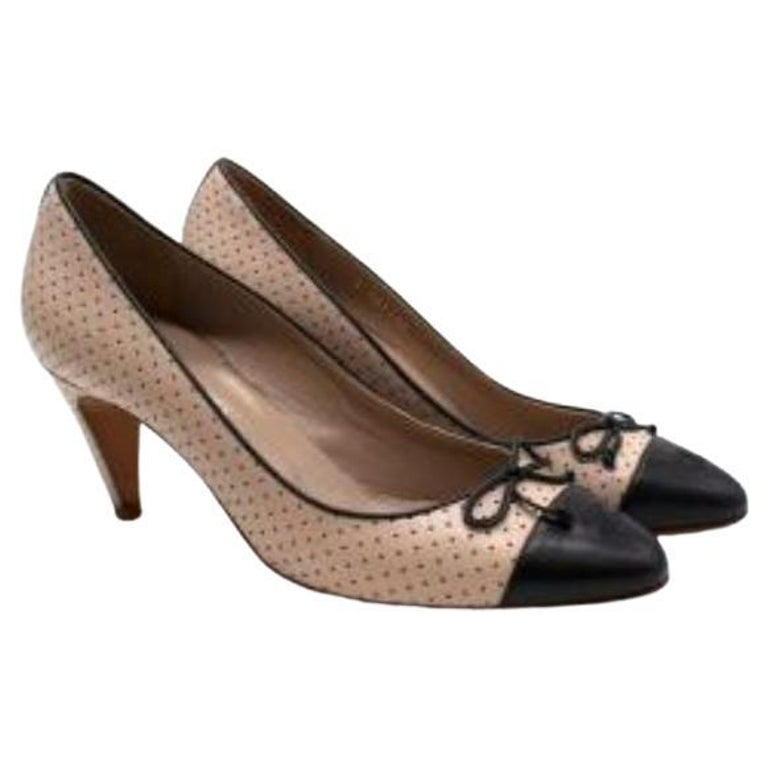 Chanel Taupe and Black Perforated CC Cap Toe Heels For Sale at 1stDibs