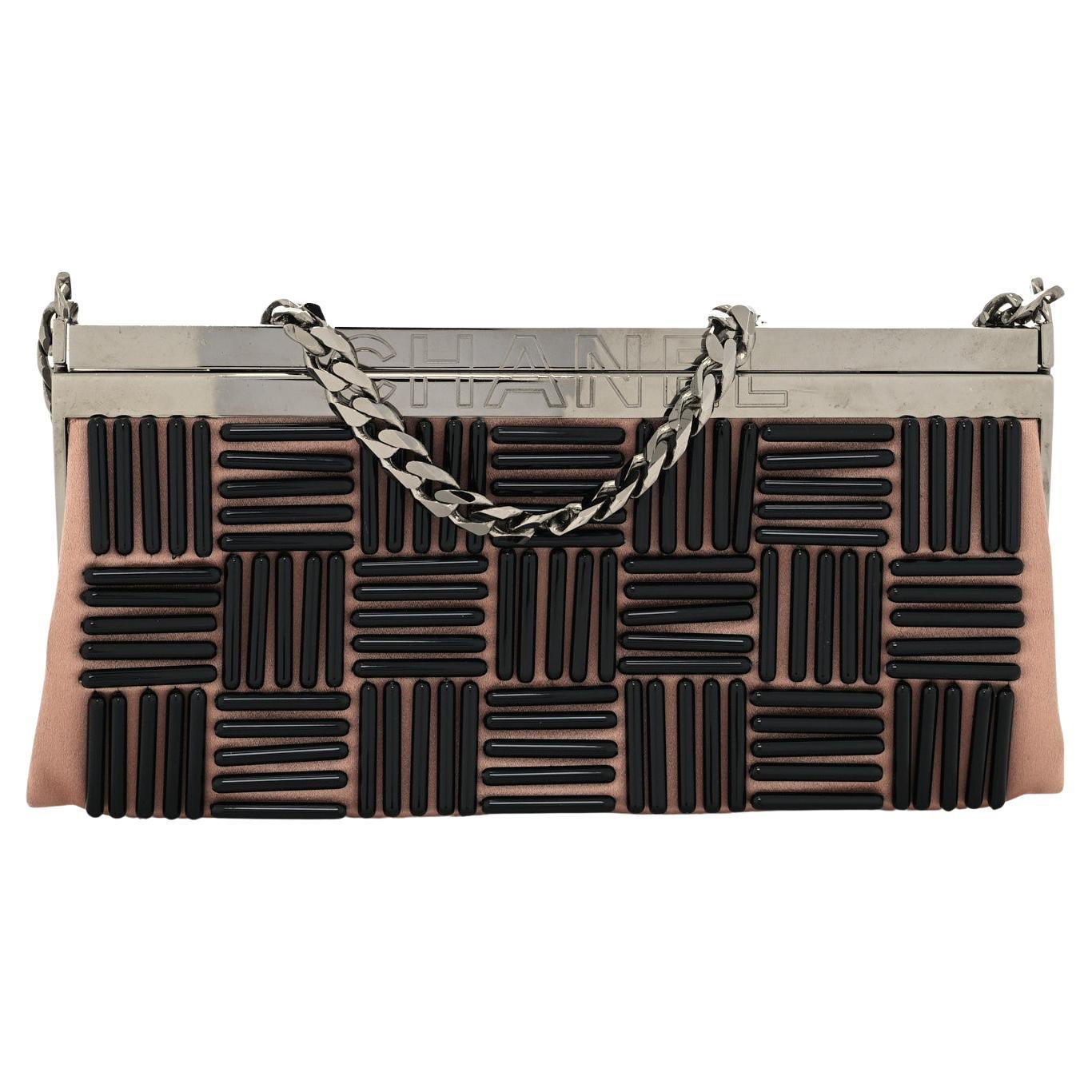 Chanel Taupe Beige Logo Nameplate Satin Silk Beaded Red Carpet Gala Clutch For Sale