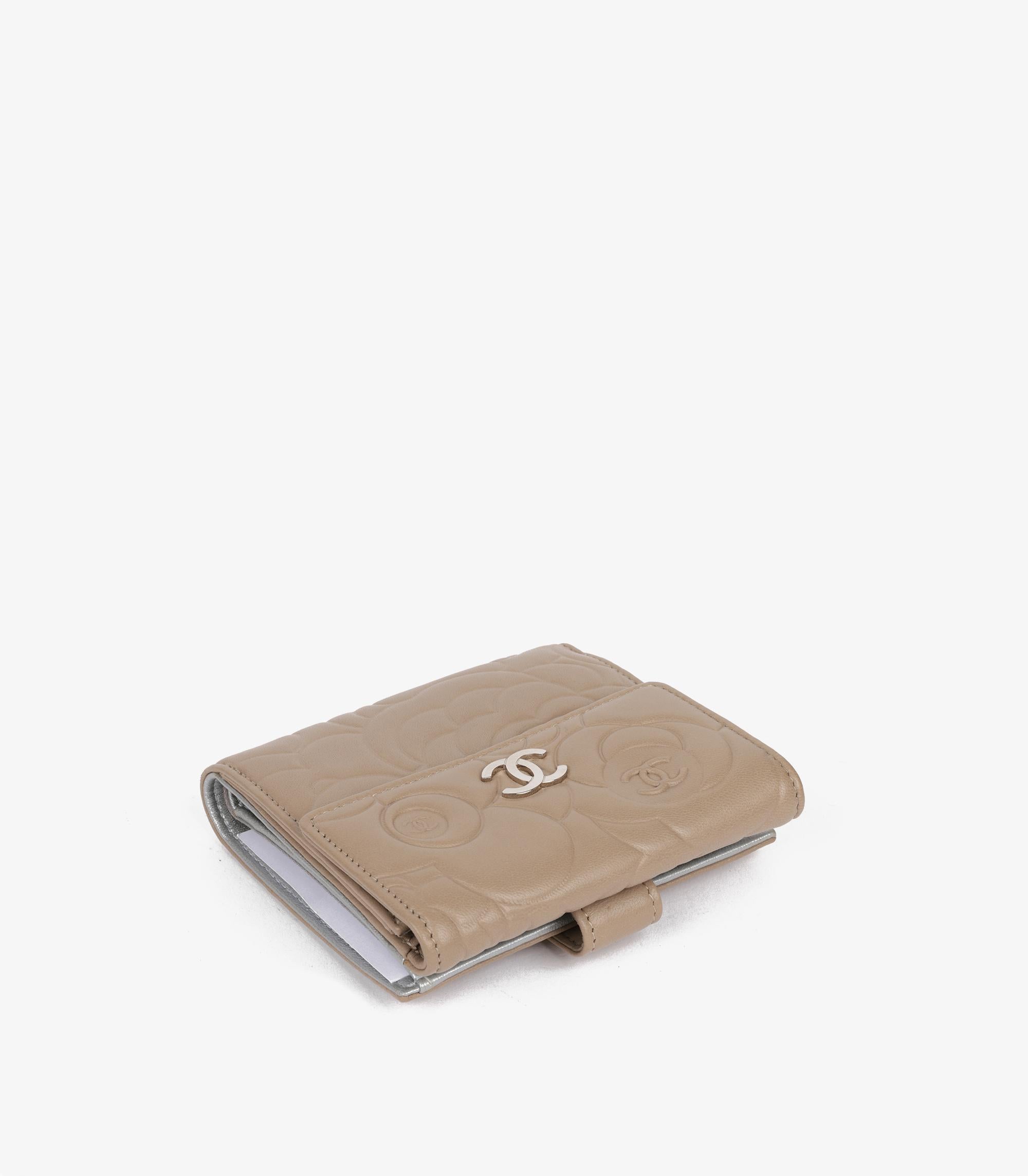 Brown Chanel Taupe Camellia Embossed Lambskin Leather Classic Compact Wallet For Sale
