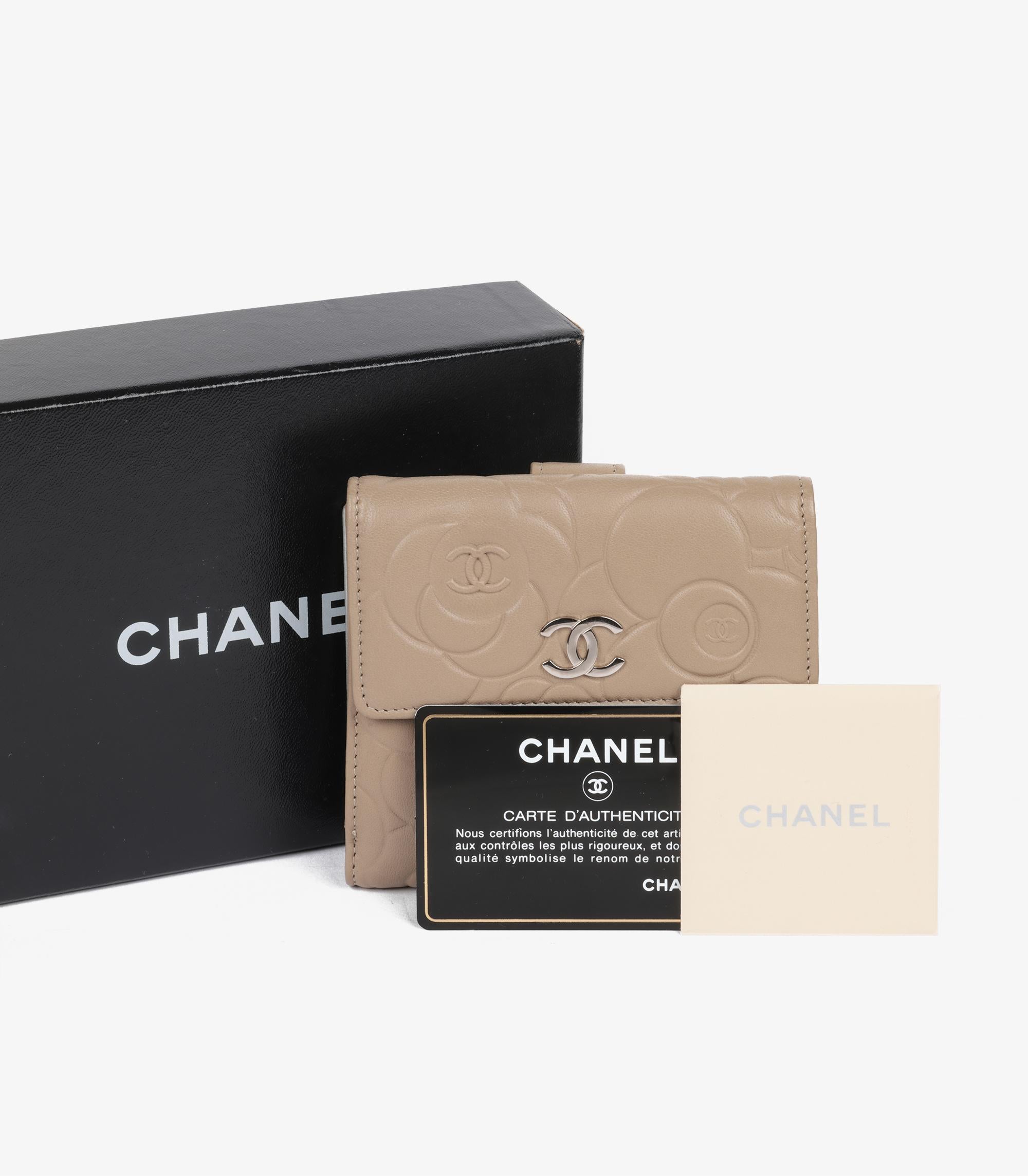 Women's or Men's Chanel Taupe Camellia Embossed Lambskin Leather Classic Compact Wallet For Sale