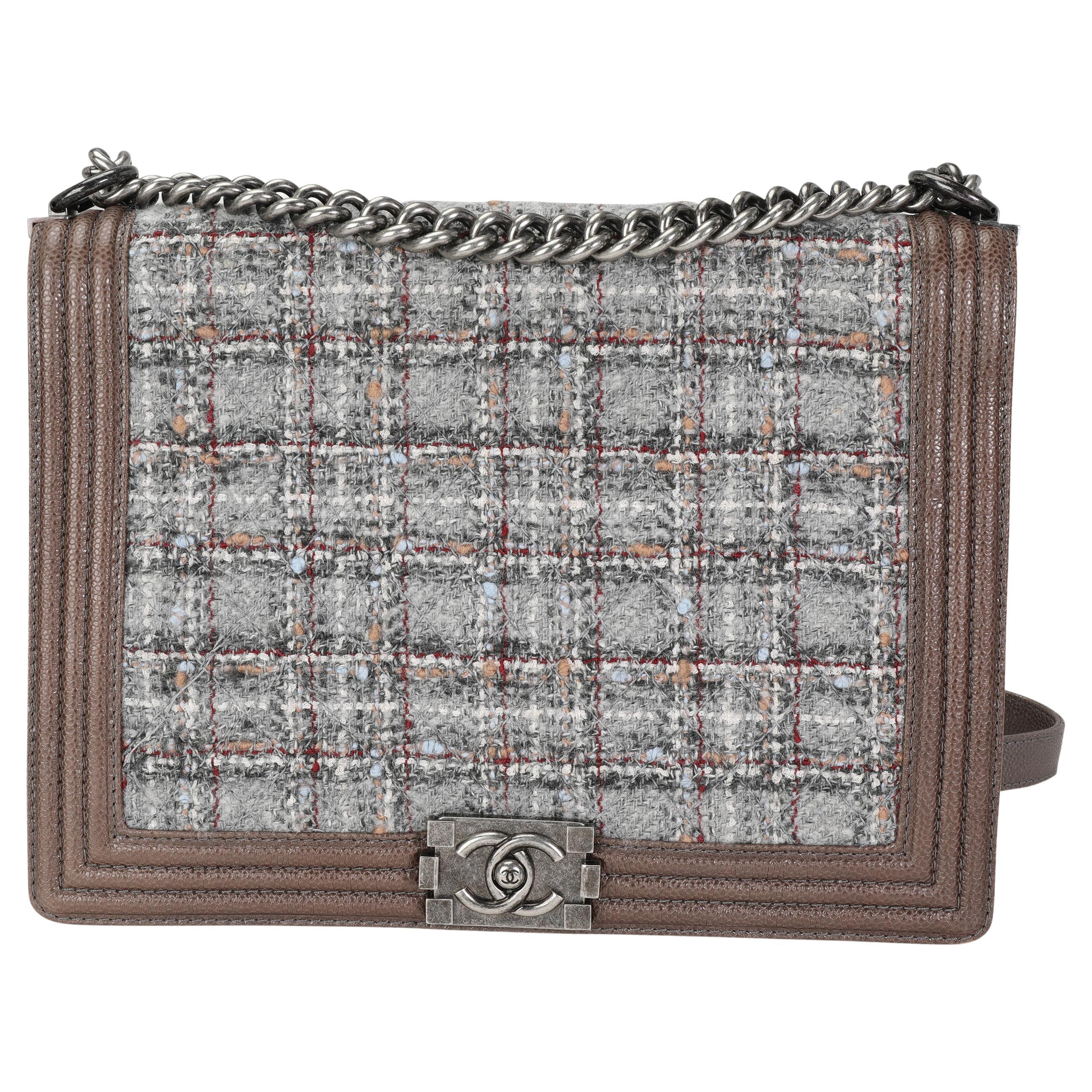 Chanel Taupe Caviar and Multicolor Tweed Large Boy Bag
