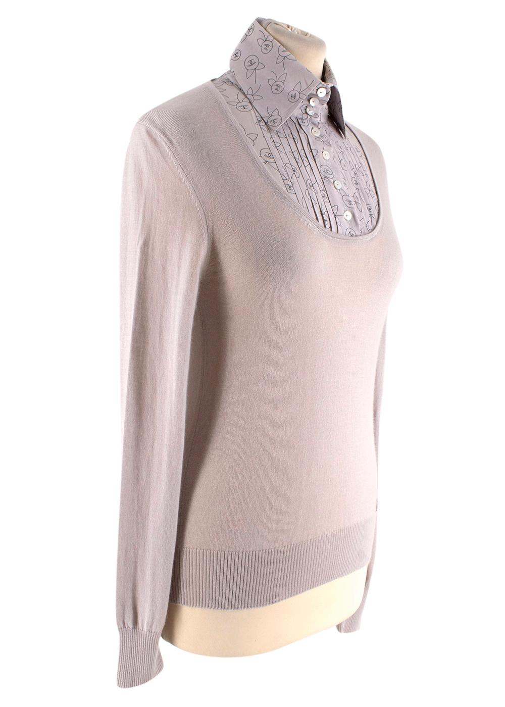 Chanel Taupe Collared Cashmere Blend Jumper

- Chanel logo printed shirt pannel 
- Regular collar 
- Button-up fastening 
- Soft cashmere/silk blend handling 
- Sewn logo detailing
- Ribbed sleeves and hemline

Materials 
Outer - 70% cashmere, 30%