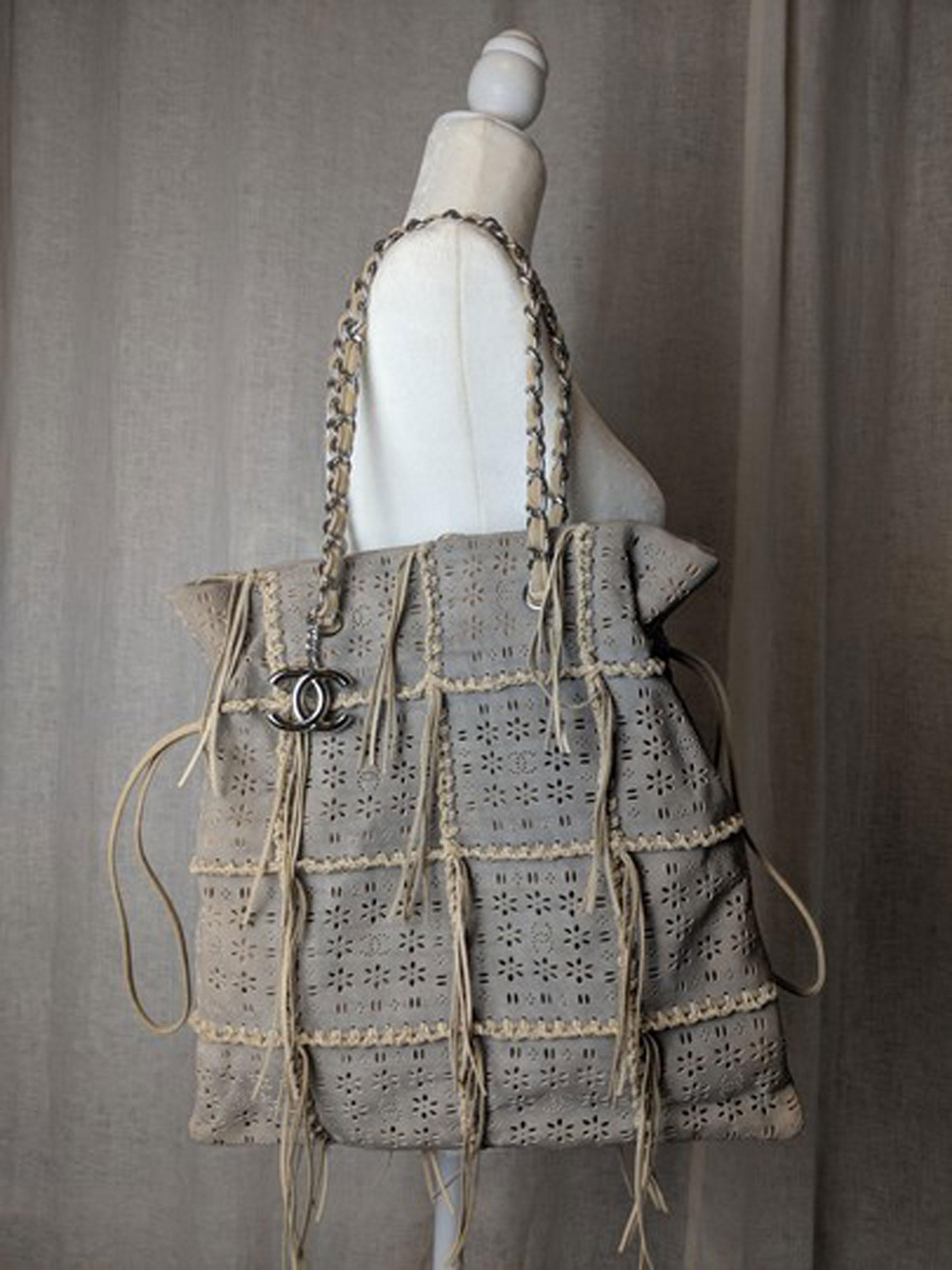Brown Chanel Taupe Laser Cut Icon Suede Calfskin Icons Tote For Sale