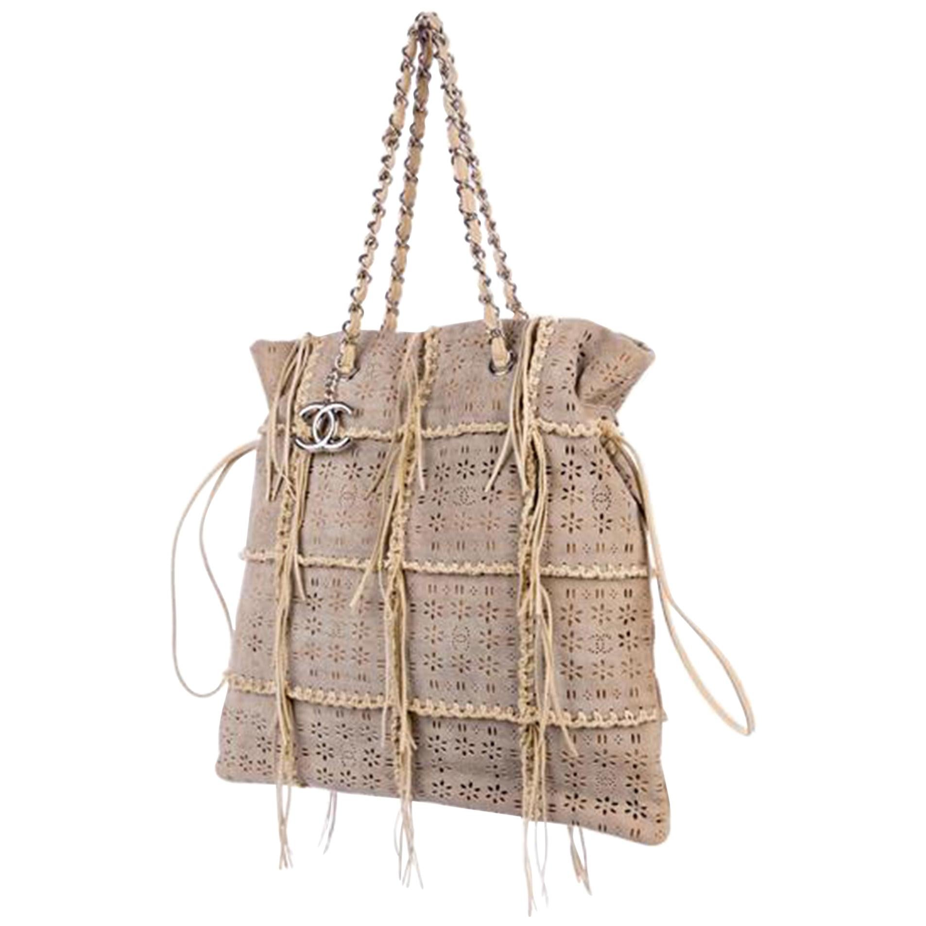 Chanel Taupe Laser Cut Icon Suede Calfskin Icons Tote In Good Condition For Sale In Miami, FL