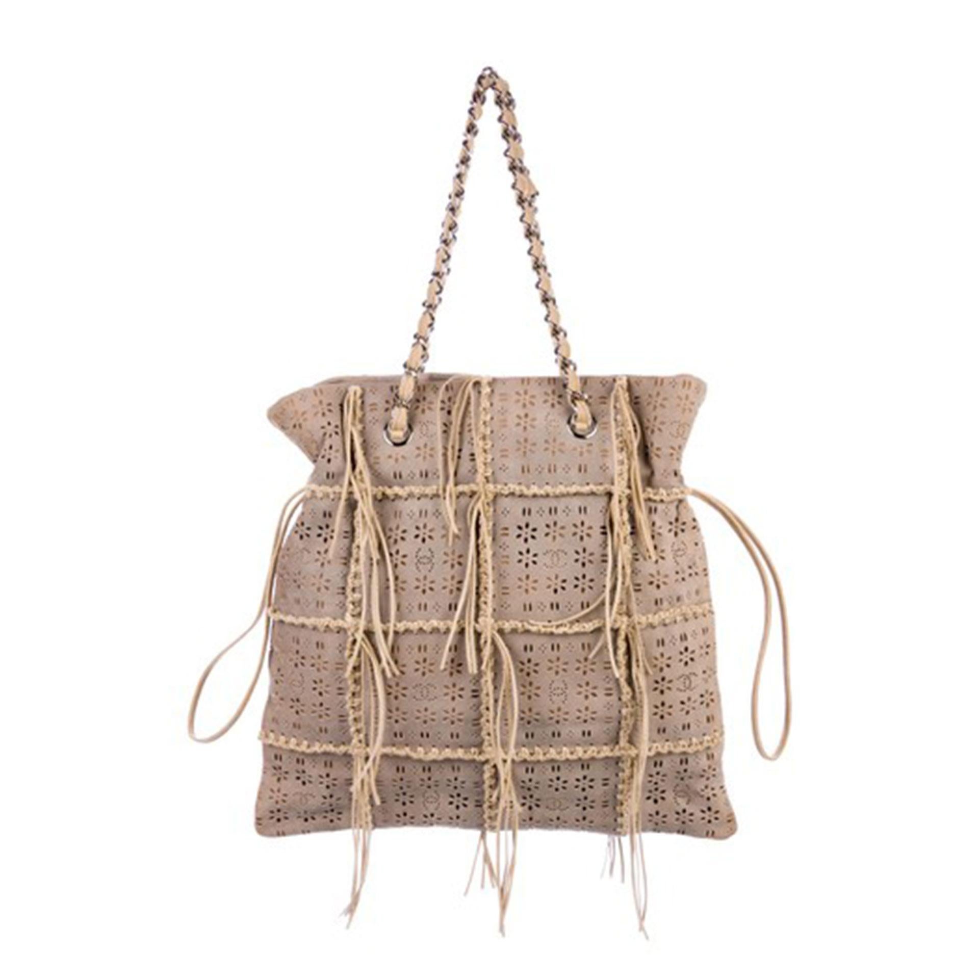 Women's or Men's Chanel Taupe Laser Cut Icon Suede Calfskin Icons Tote For Sale