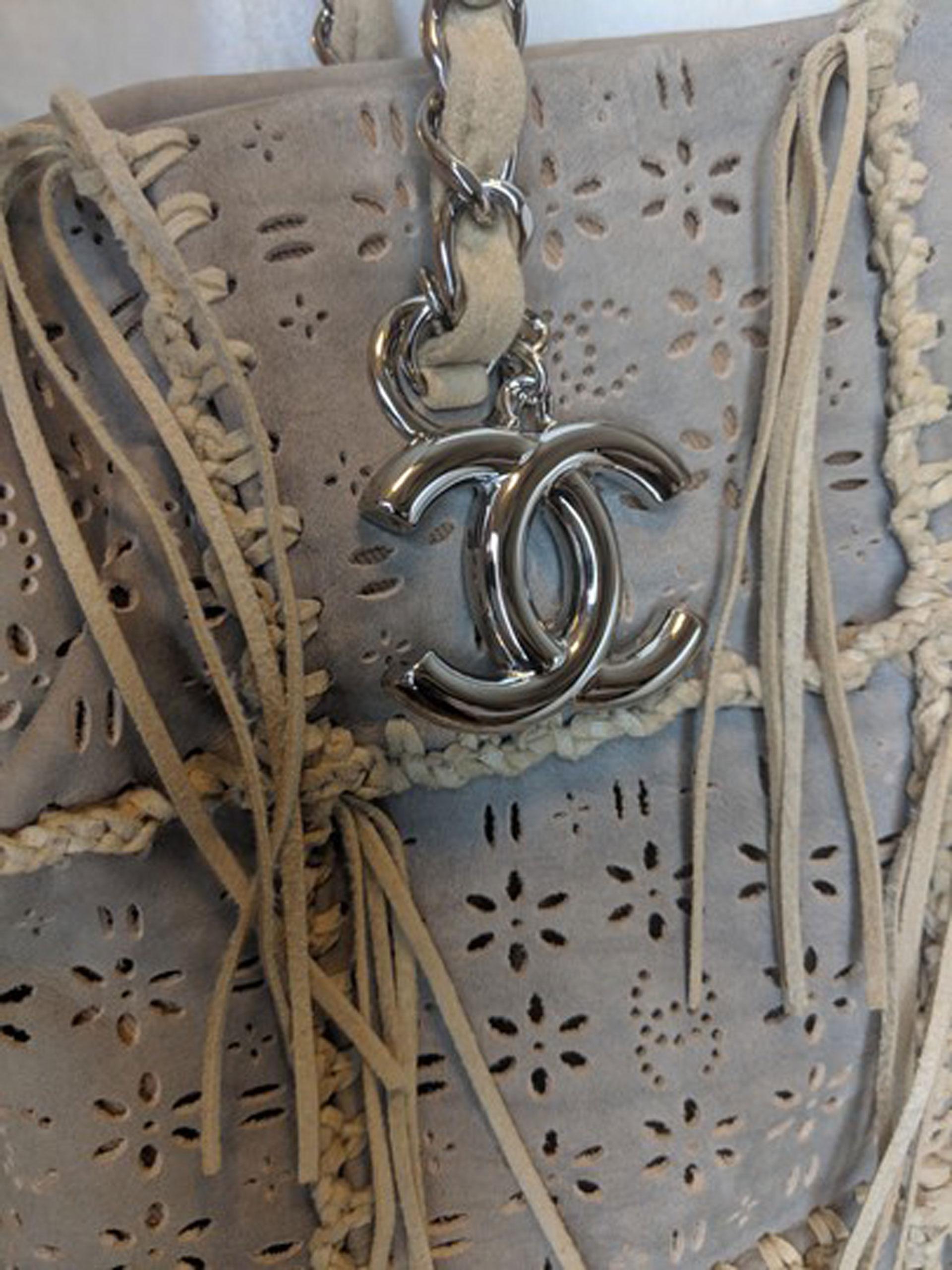 Chanel Taupe Laser Cut Icon Suede Calfskin Icons Tote For Sale 2
