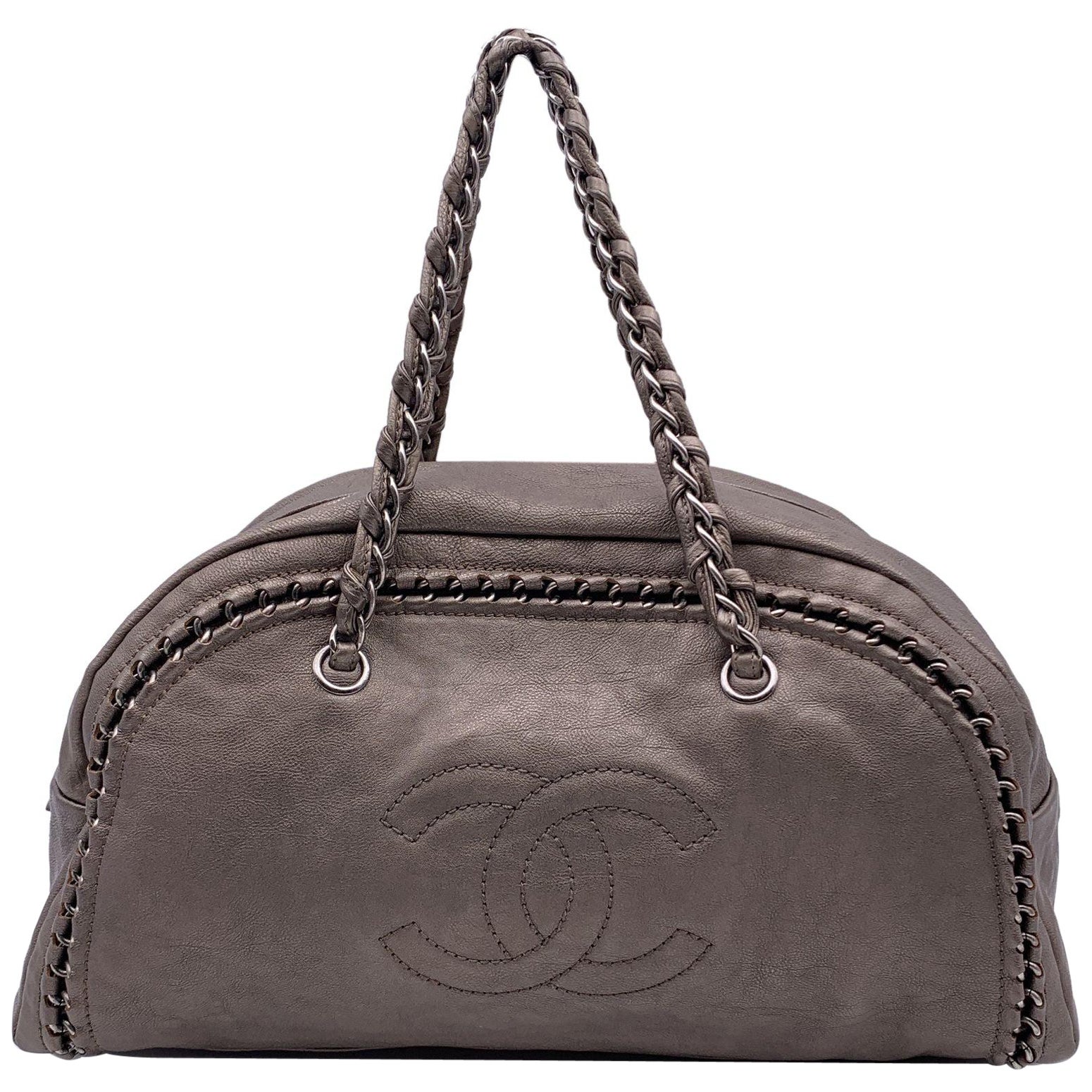 Chanel Taupe Leather Luxe Ligne Chain Around Bowling Bowler Bag