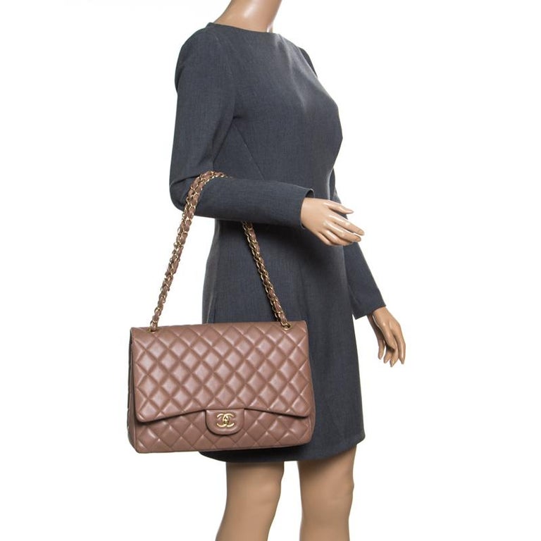 Chanel Taupe Quilted Leather Maxi Classic Single Flap Bag For Sale at 1stdibs