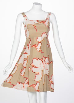 Chanel Taupe Silk Sleeveless Faces Print Dress Collectors Spring 2000