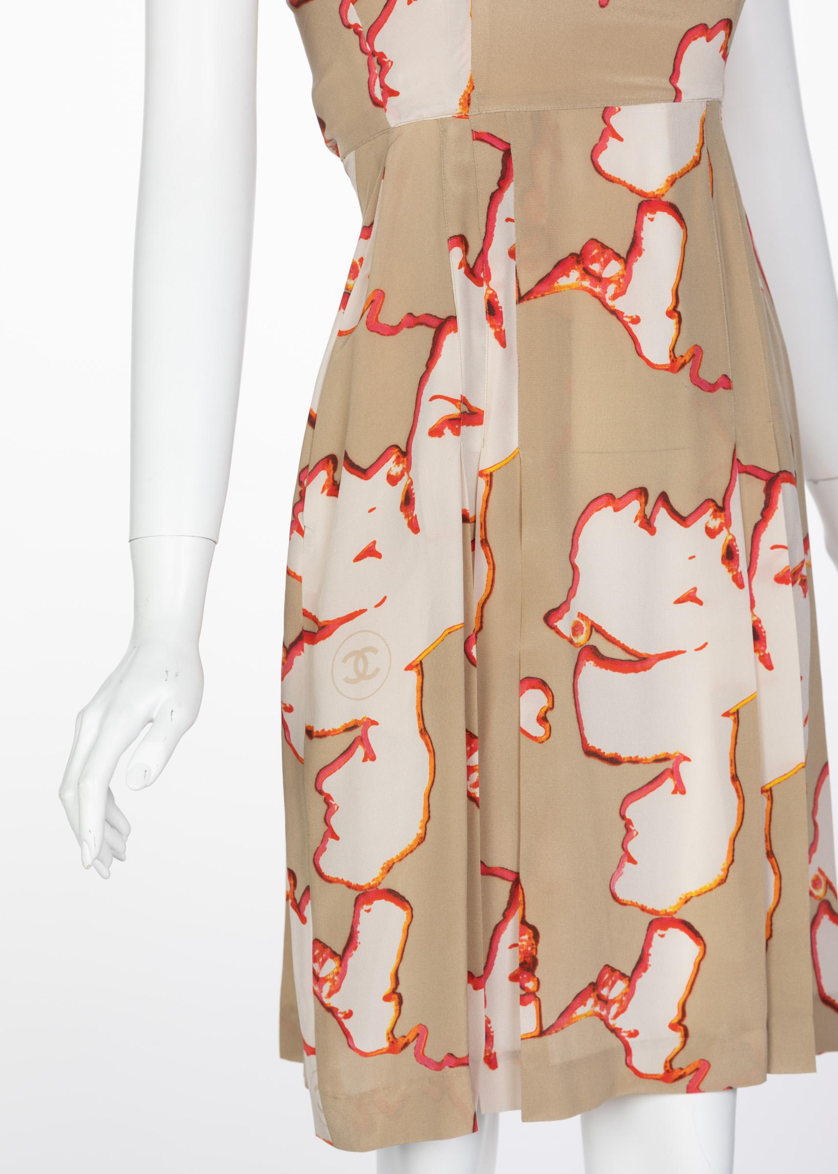 Chanel Taupe Silk Sleeveless Faces Print Dress Collectors Spring 2000 In Excellent Condition For Sale In Boca Raton, FL