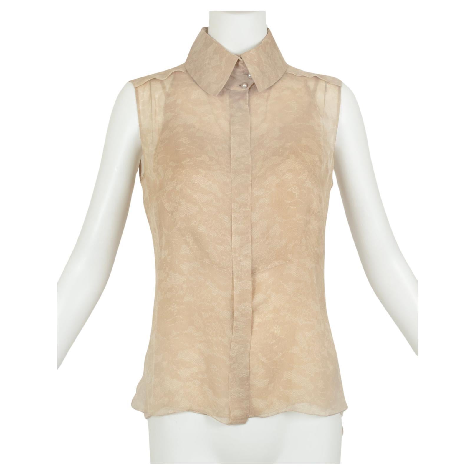 Chanel Taupe Trompe l'Oeil Lace Sleeveless Blouse and Camisole – Fr 38, 2000s For Sale