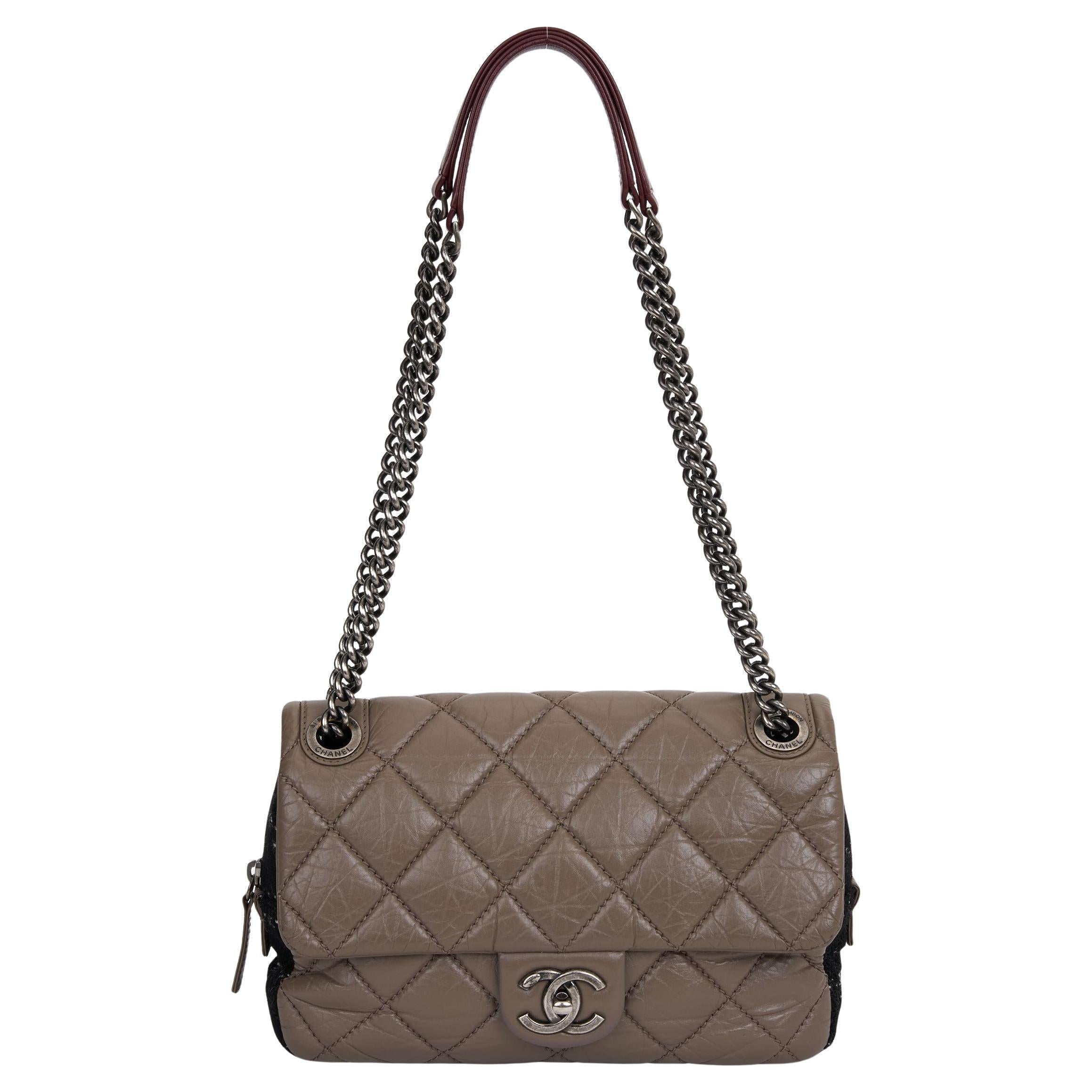 Chanel Taupe Tweed Portobello Flap Bag For Sale