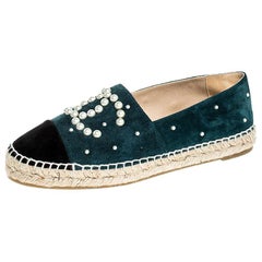 Chanel Teal and Black Suede Faux Pearl CC Espadrilles Flats Size 37