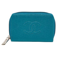 Chanel Teal Blau Kaviar Leder CC Reißverschluss Münze Geldbörse