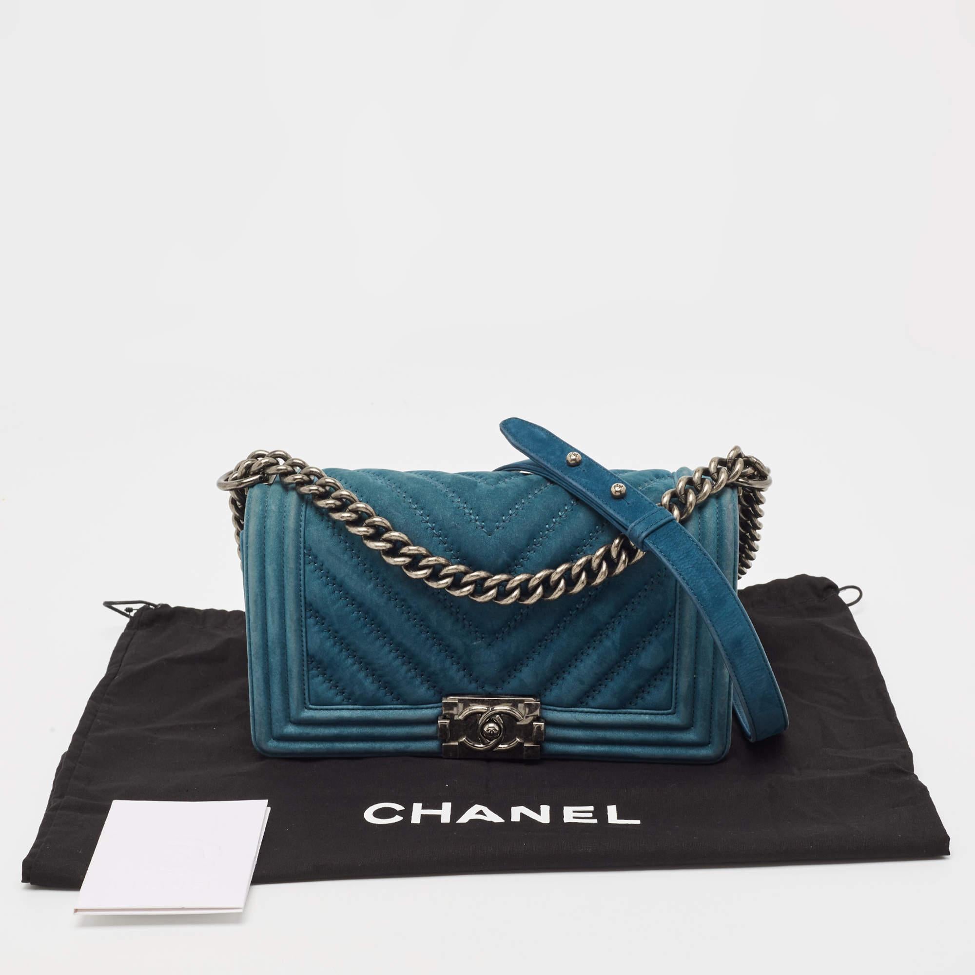 Women's Chanel Teal Blue Chevron Nubuck Leather Medium Boy Flap Bag