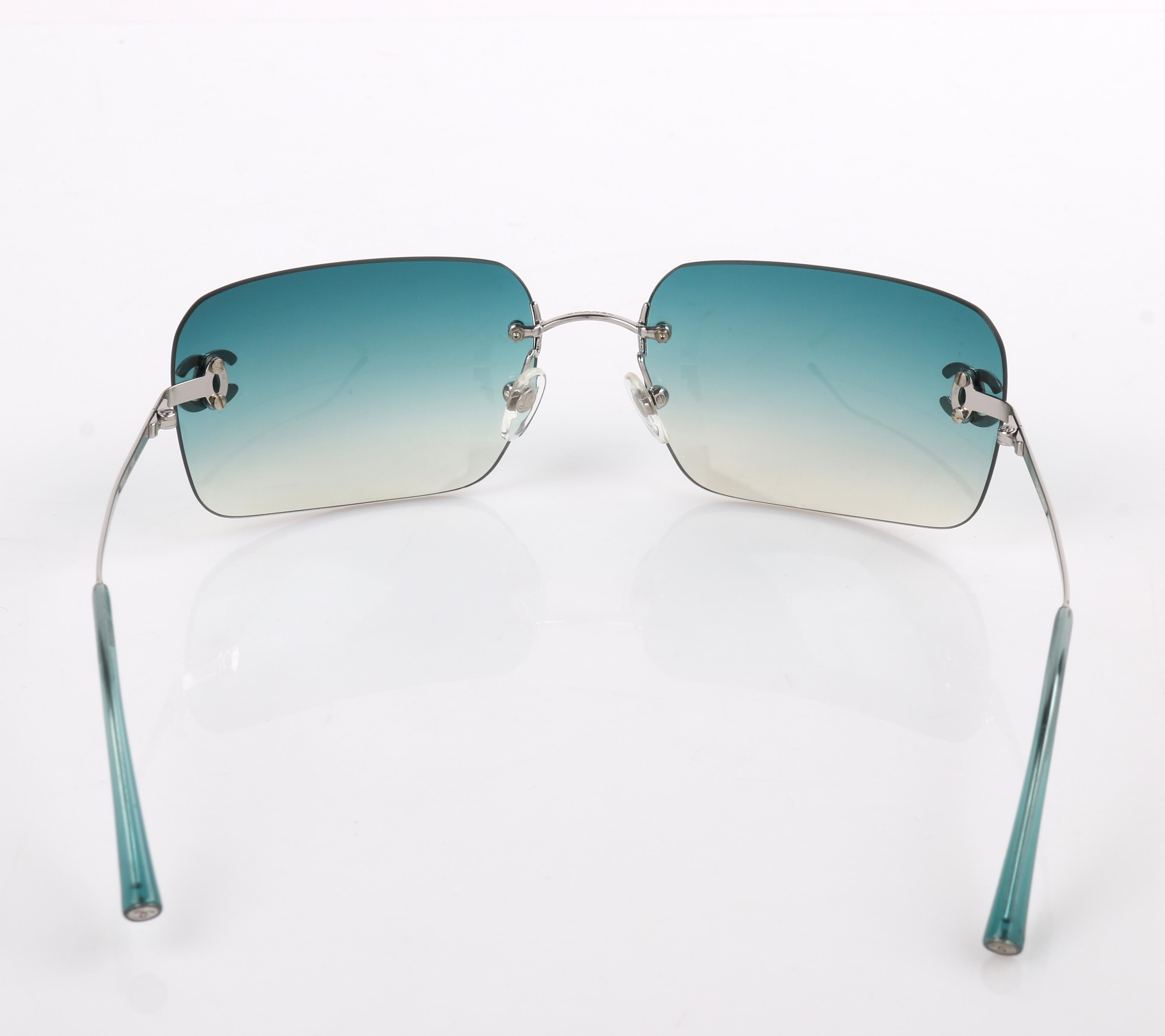 CHANEL Teal Blue Gradient Lens Crystal Rhinestone CC Rimless Sunglasses 4017-D In Excellent Condition In Thiensville, WI